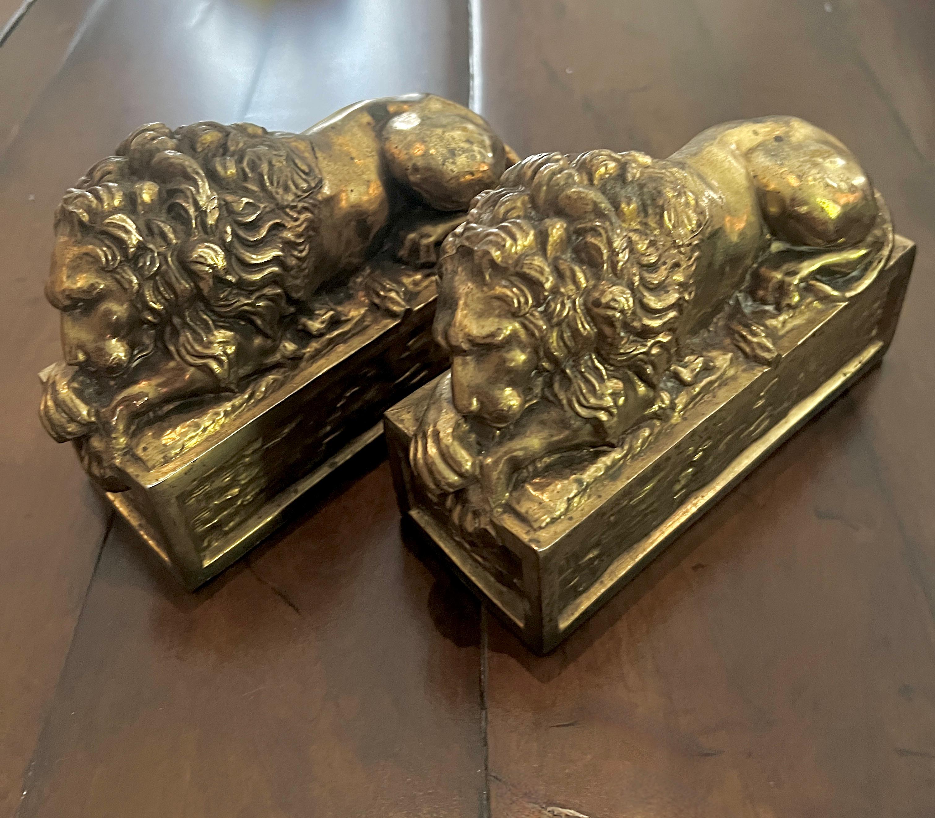 Pair of Patinated Italian Brass Reclining Lion Bookends 2