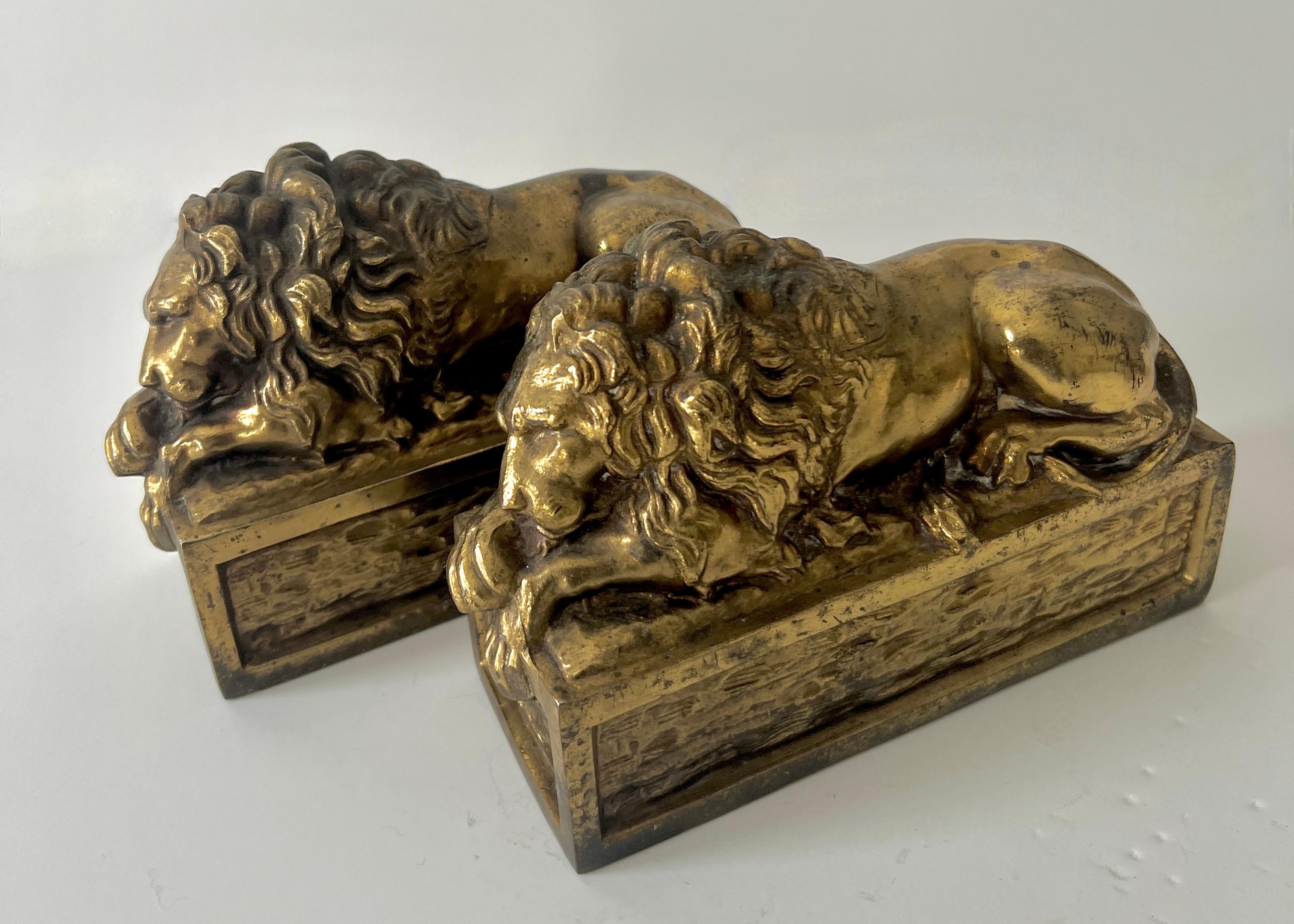Pair of Patinated Italian Brass Reclining Lion Bookends 3
