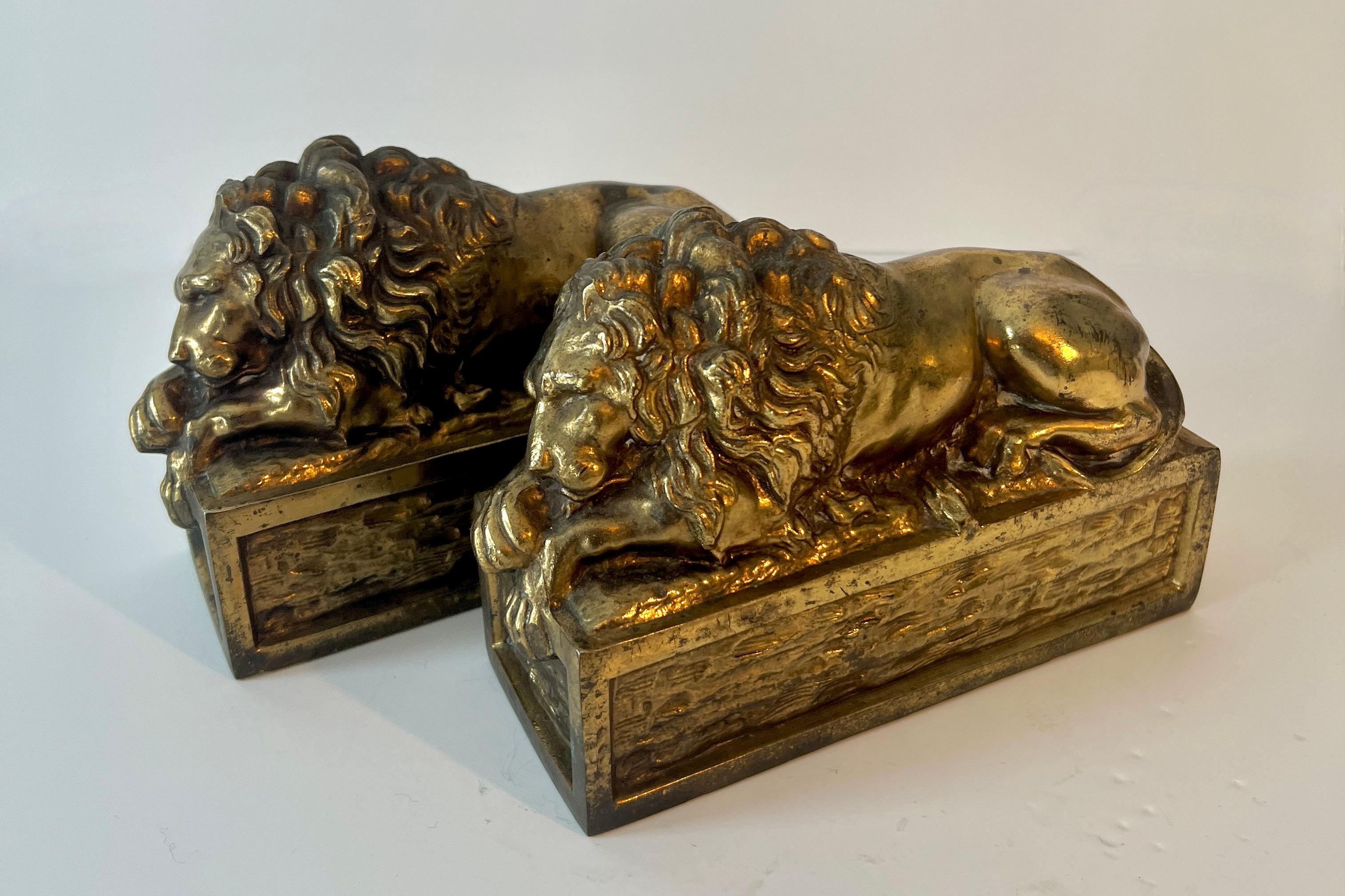Pair of Patinated Italian Brass Reclining Lion Bookends 4