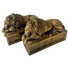 Pair of Patinated Italian Brass Reclining Lion Bookends
