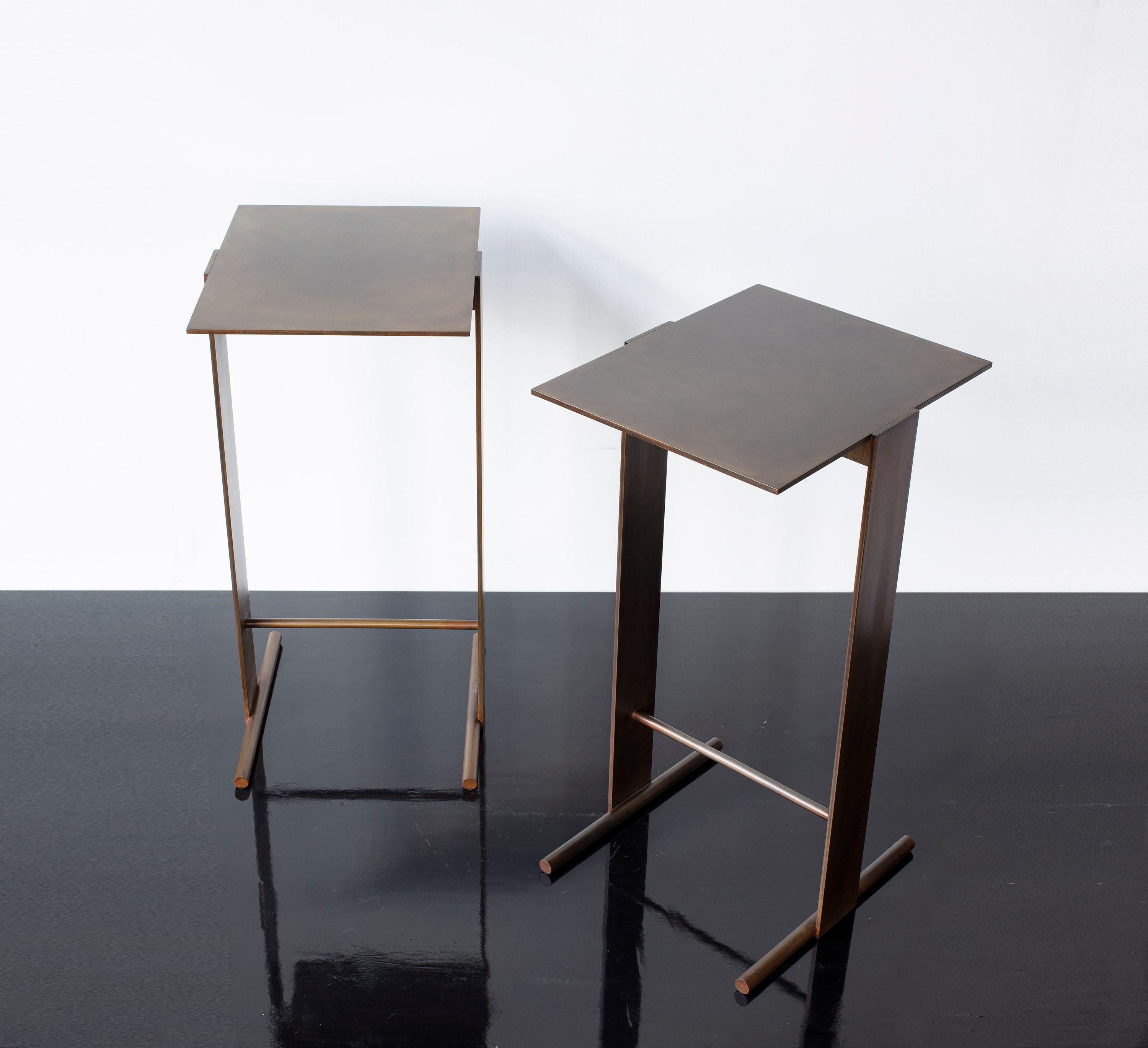 American Pair of patinated lacquered steel side tables, end tables, geometric, minimalism