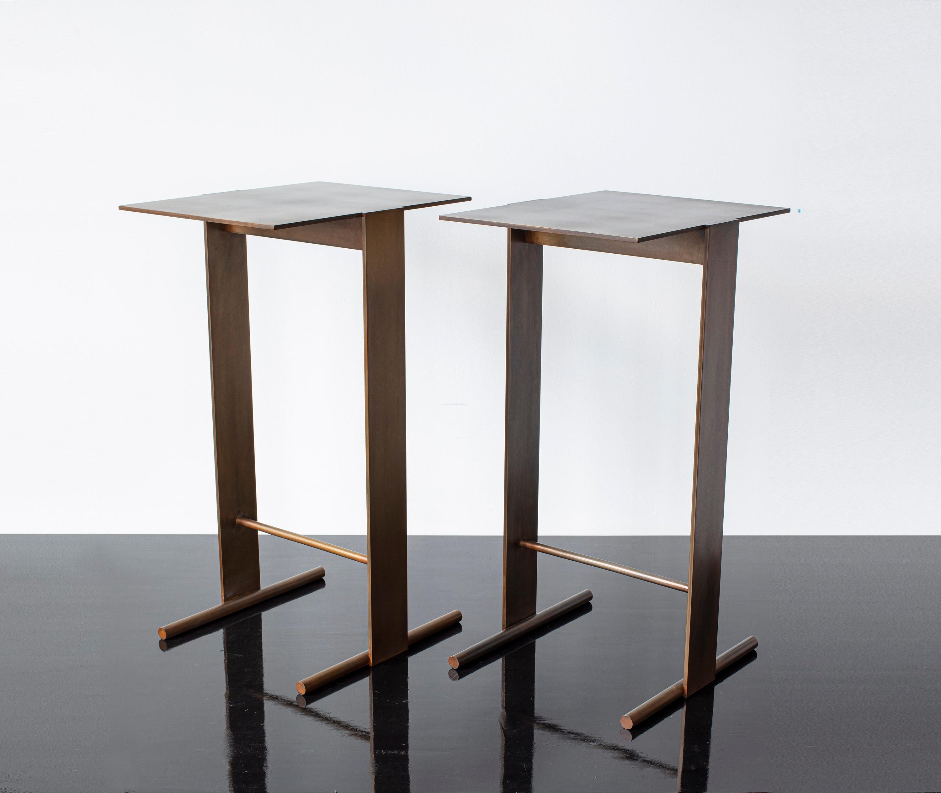 Patinated Pair of patinated lacquered steel side tables, end tables, geometric, minimalism