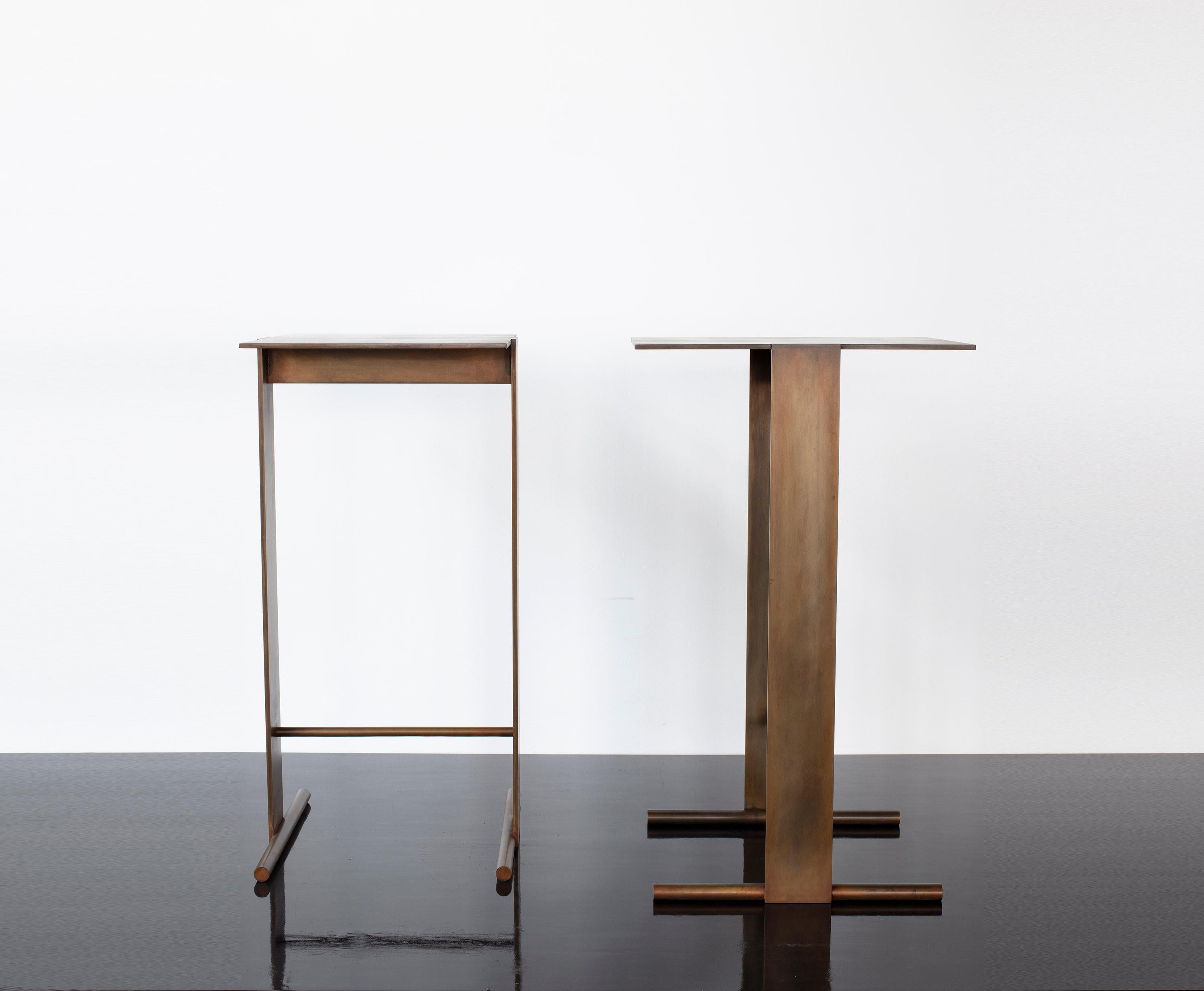 Pair of patinated lacquered steel side tables, end tables, geometric, minimalism In Excellent Condition In Ozone Park, NY