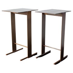 Pair of patinated lacquered steel side tables, end tables, geometric, minimalism