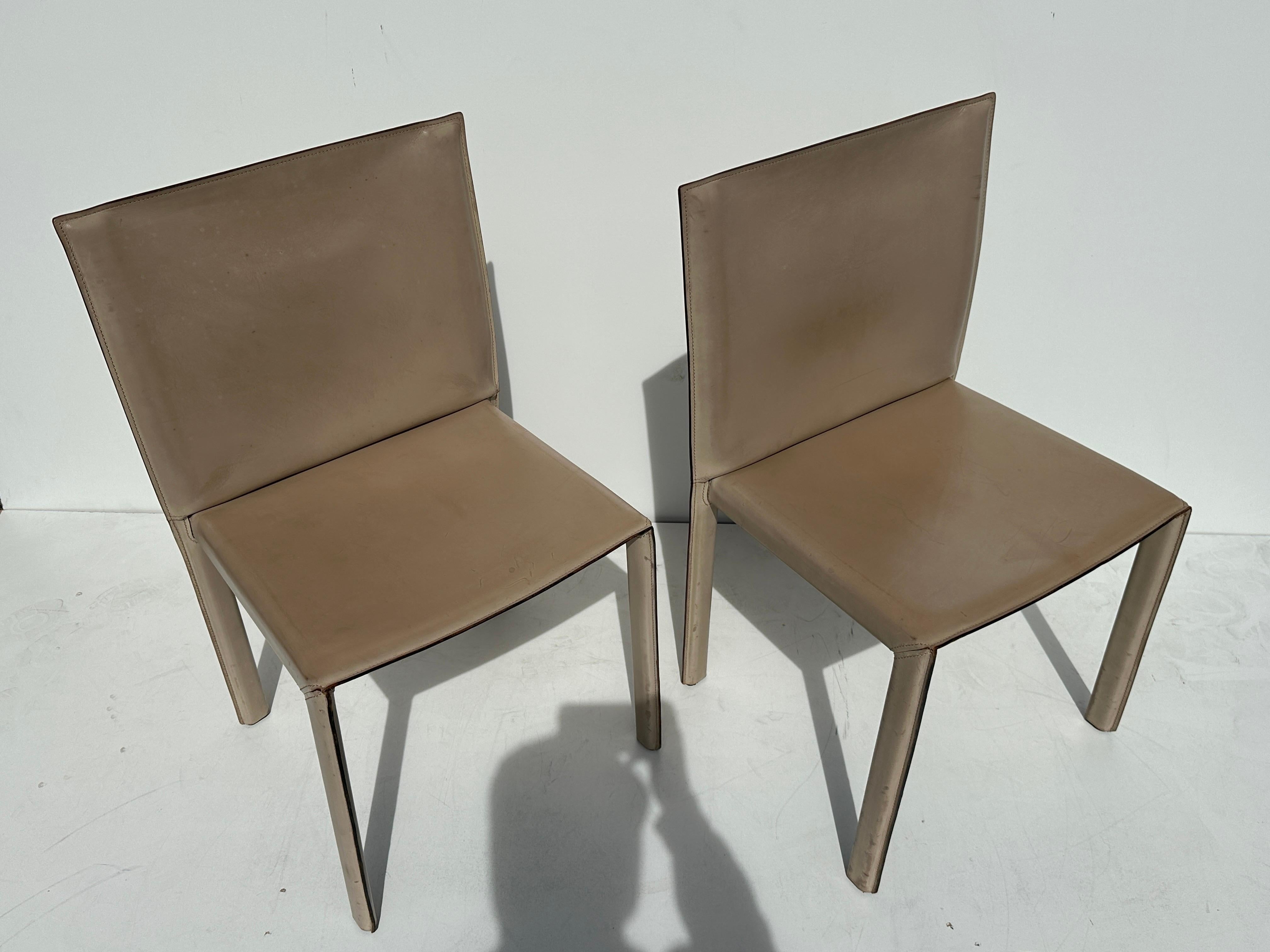 Italian Pair of Patinated Leather Side Chairs by Enrico Pellizzoni For Sale