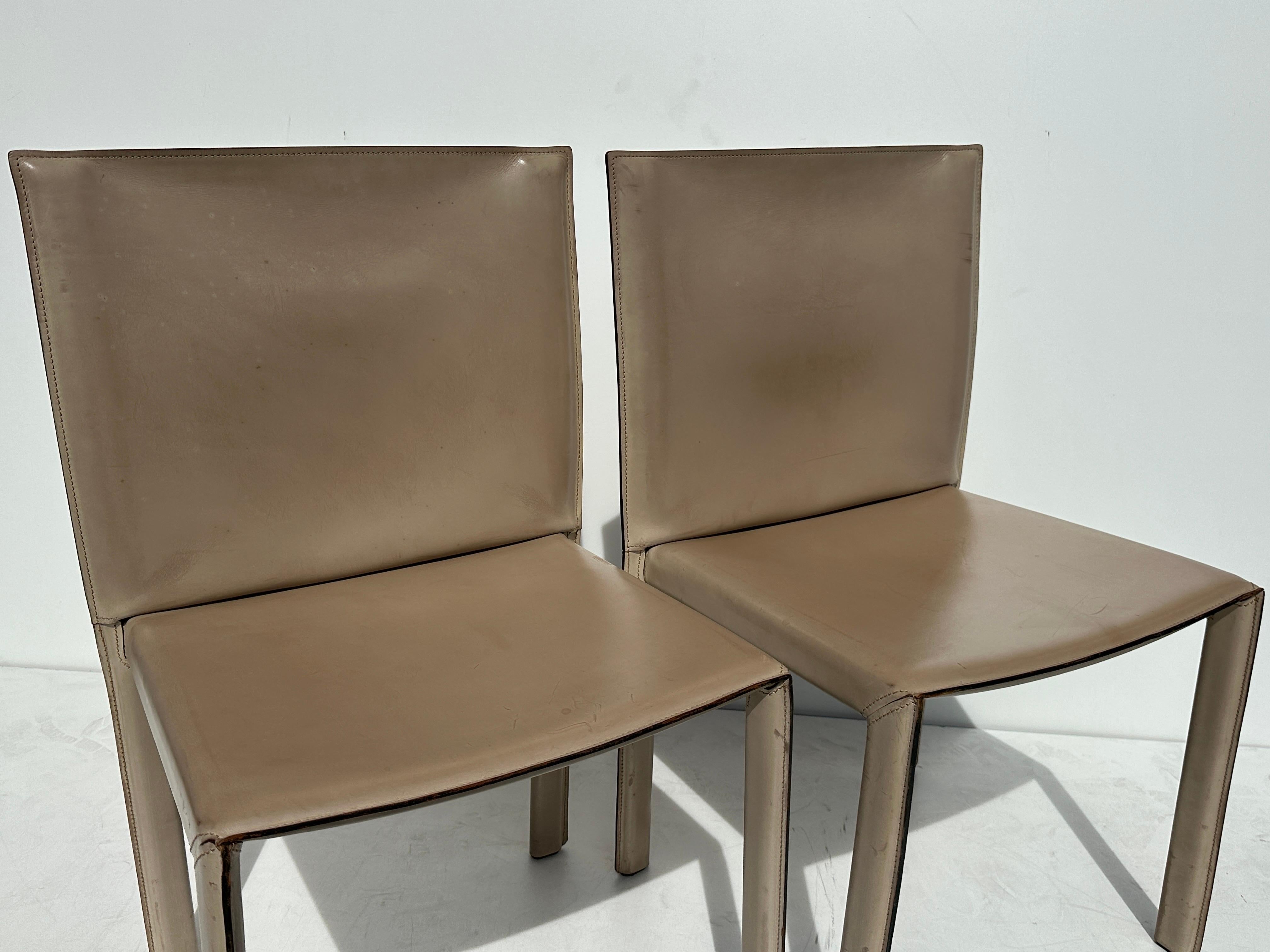 Pair of Patinated Leather Side Chairs by Enrico Pellizzoni For Sale 1