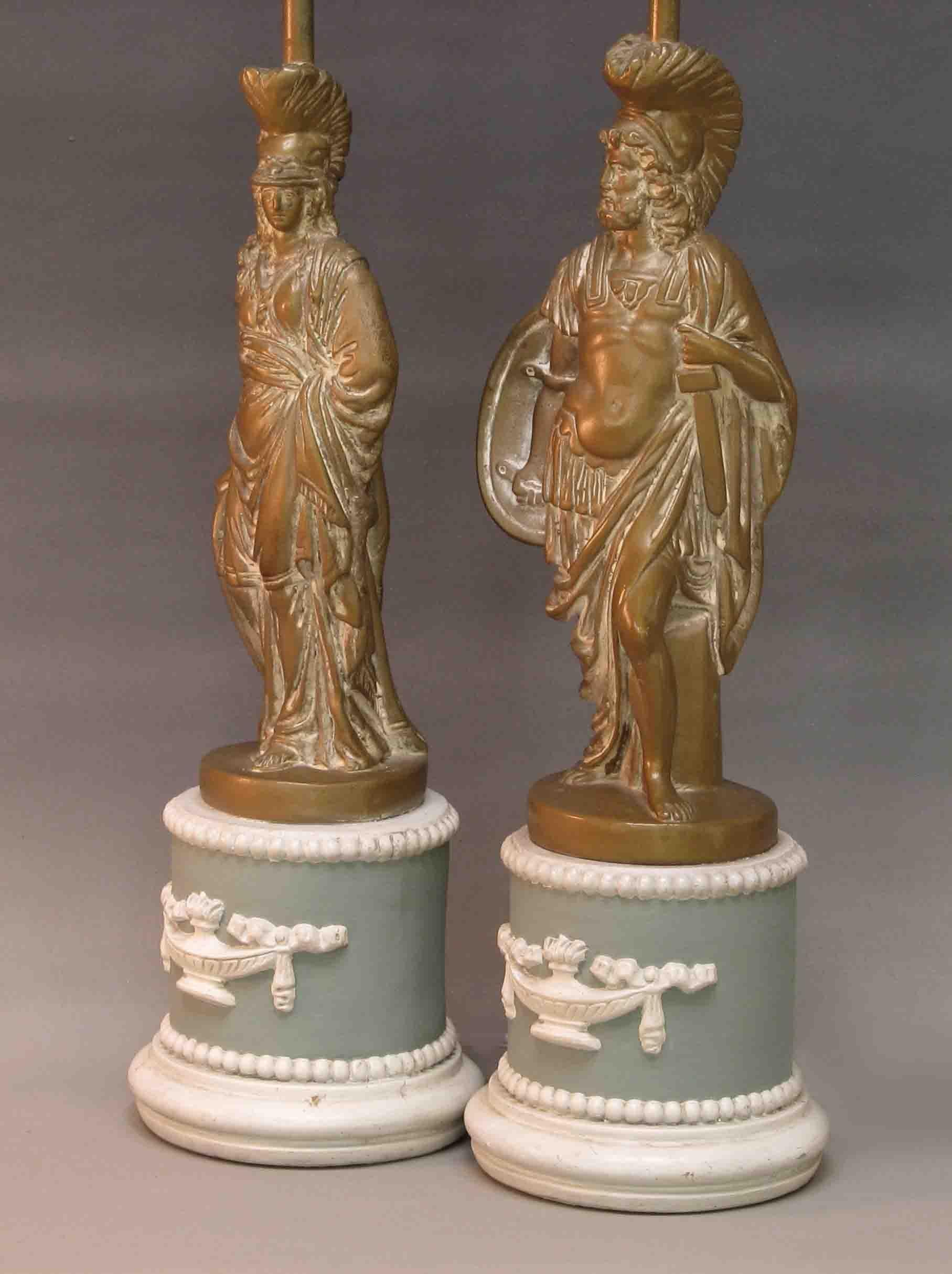 American Pair of Patinated Plaster Neoclassical Figural Table Lamps by Sculptureline N.Y. For Sale