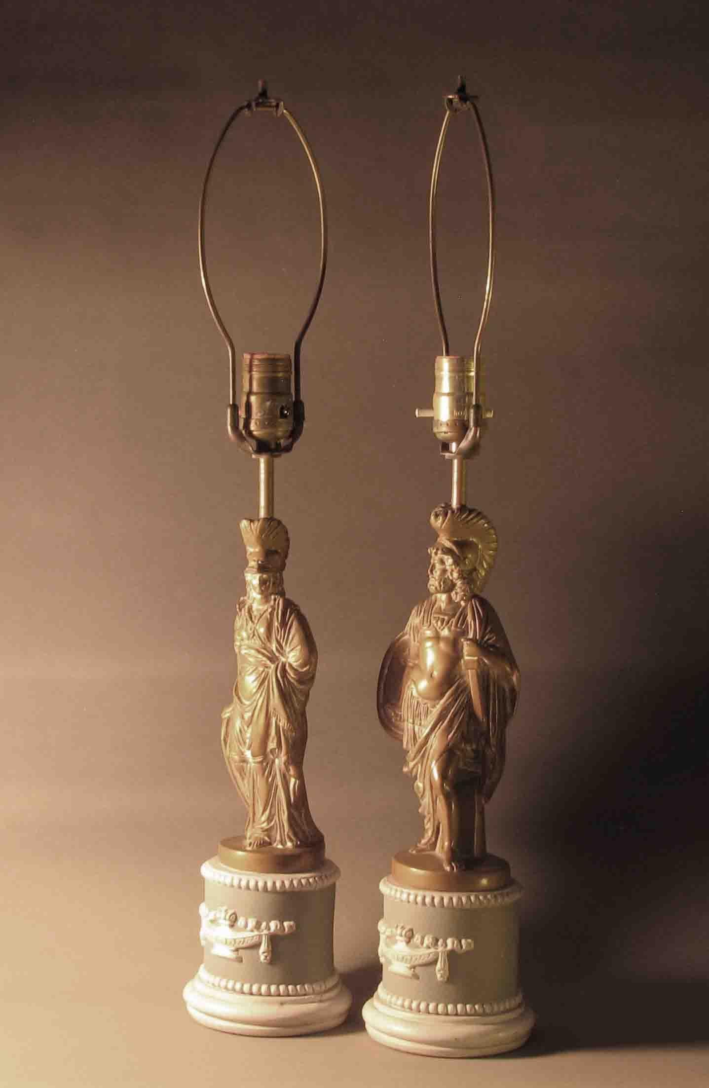 Hand-Crafted Pair of Patinated Plaster Neoclassical Figural Table Lamps by Sculptureline N.Y. For Sale