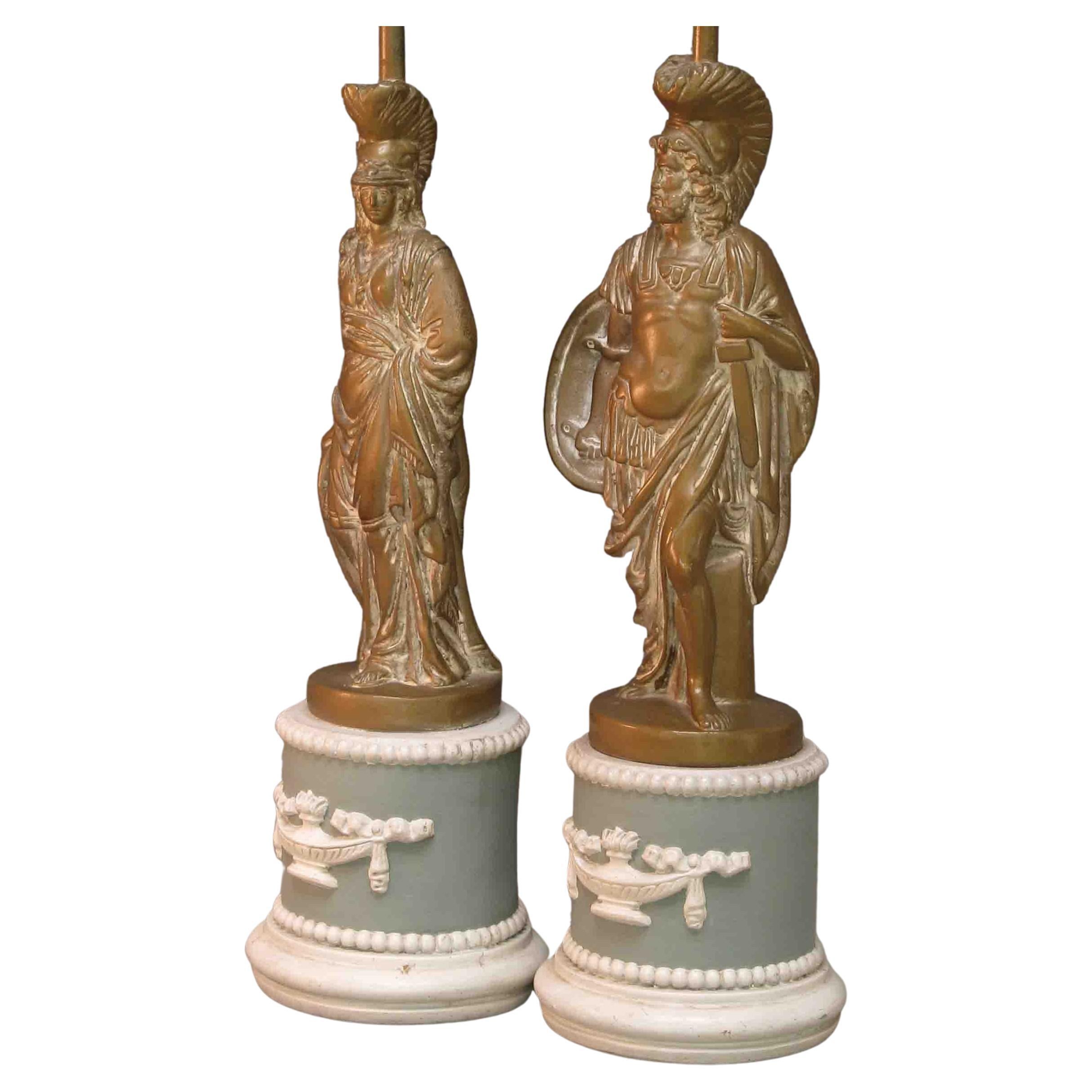 Pair of Patinated Plaster Neoclassical Figural Table Lamps by Sculptureline N.Y. For Sale