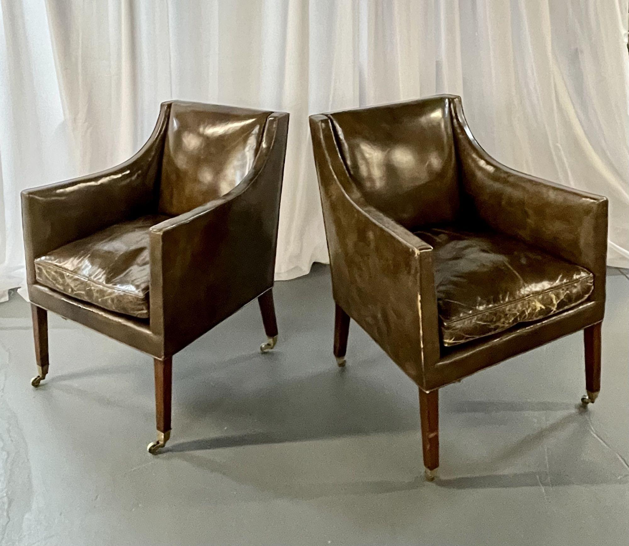 Pair of Patinated Regency Style Leather Upholstered Armchairs / Lounge, Bronze For Sale 5
