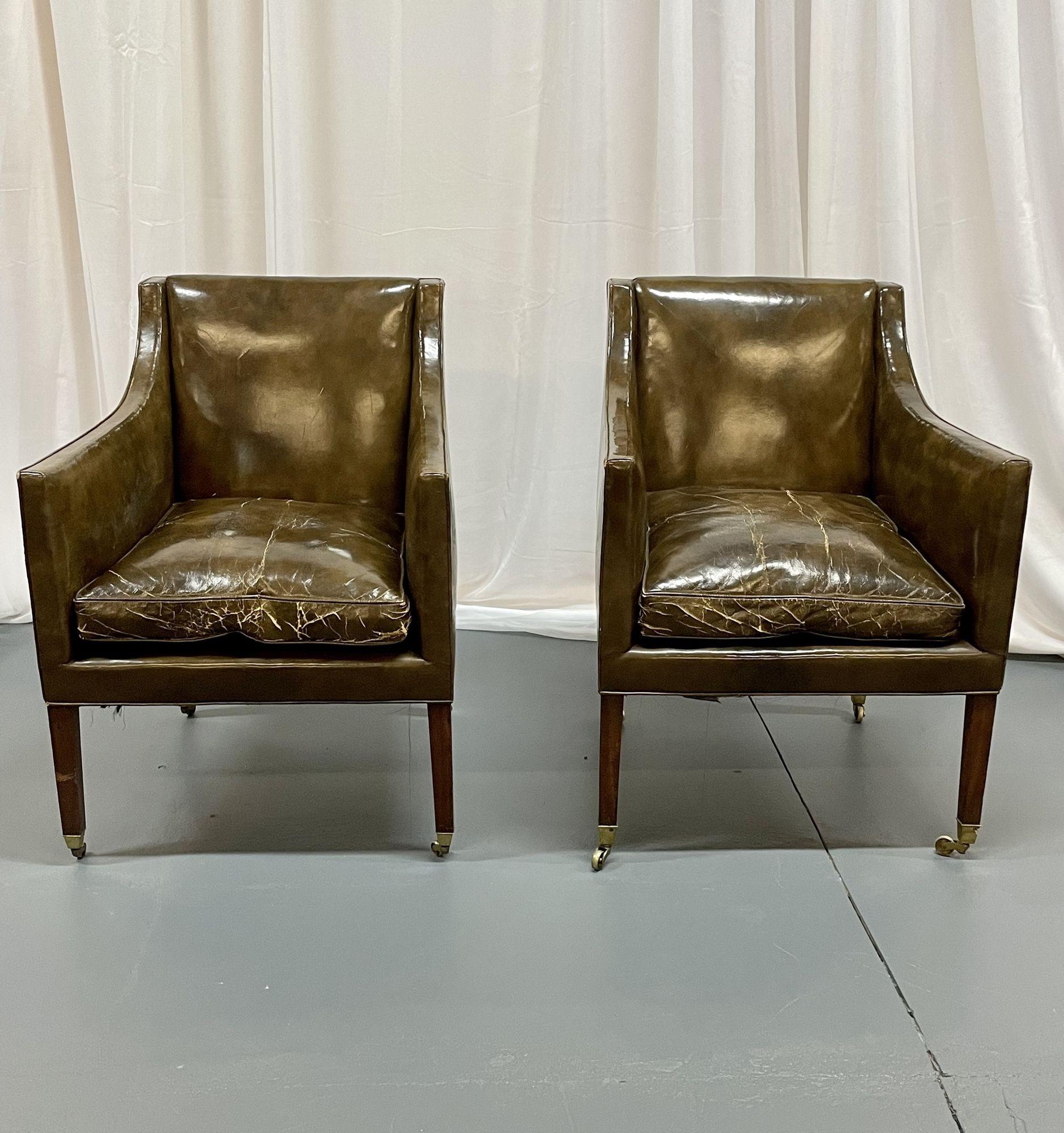 English Pair of Patinated Regency Style Leather Upholstered Armchairs / Lounge, Bronze For Sale