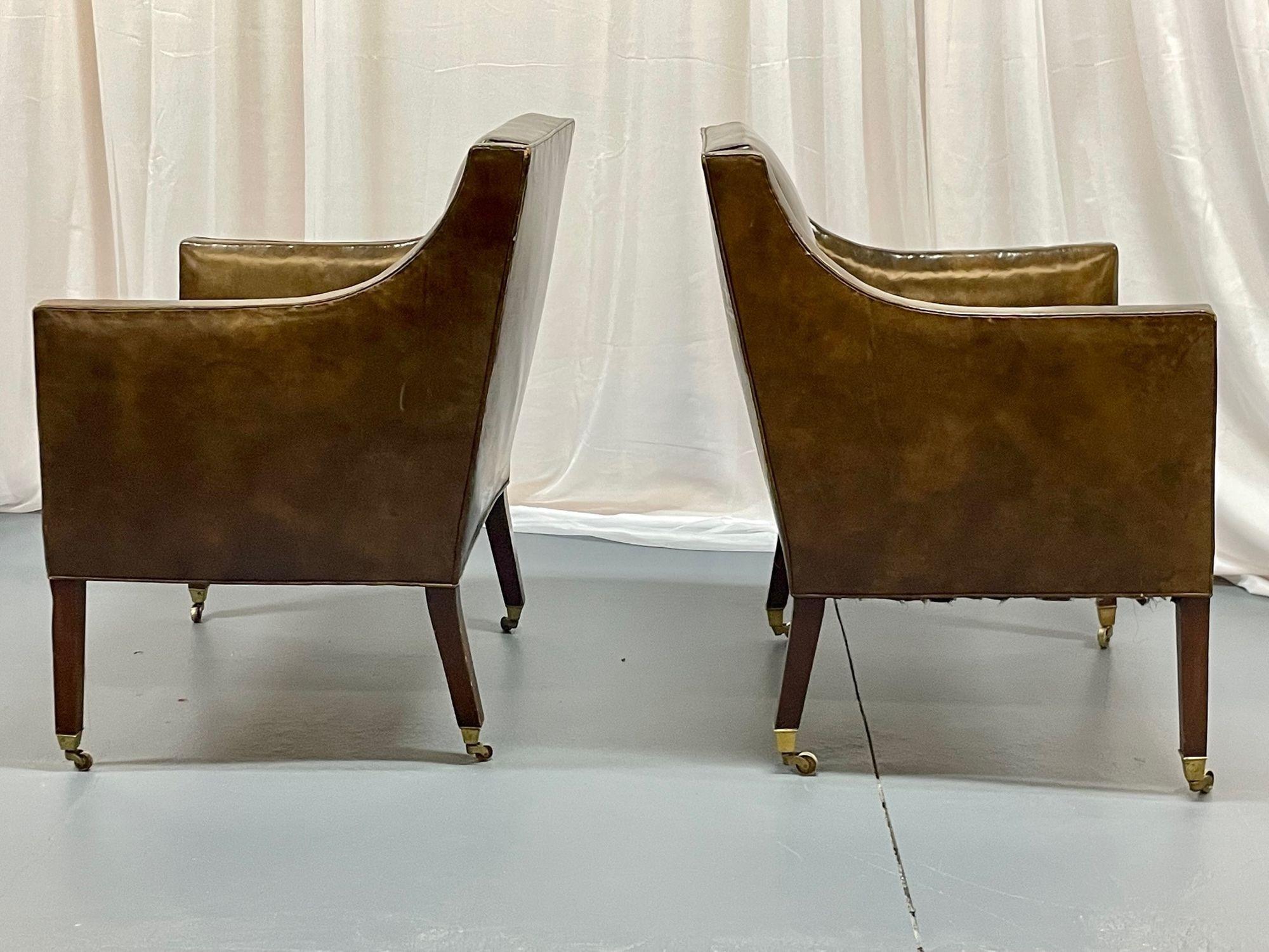 Pair of Patinated Regency Style Leather Upholstered Armchairs / Lounge, Bronze In Good Condition For Sale In Stamford, CT
