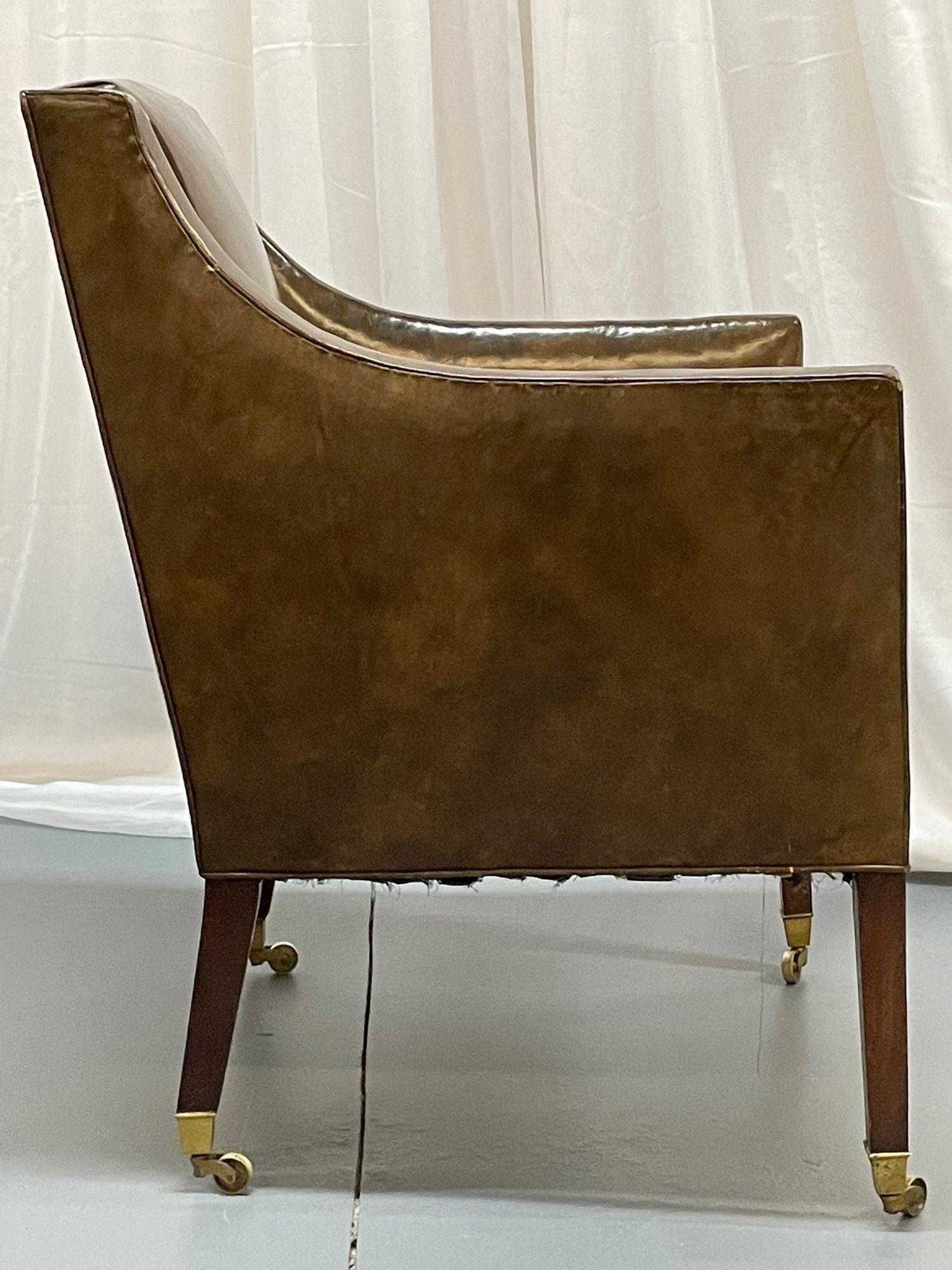 Pair of Patinated Regency Style Leather Upholstered Armchairs / Lounge, Bronze For Sale 1