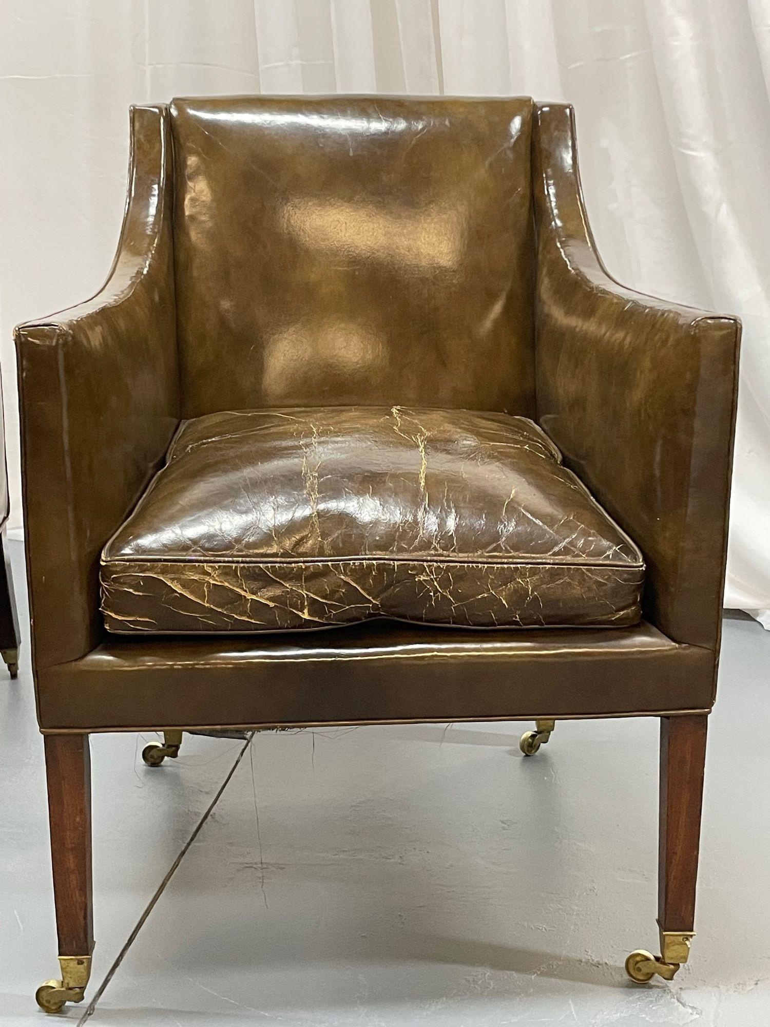 Pair of Patinated Regency Style Leather Upholstered Armchairs / Lounge, Bronze For Sale 2
