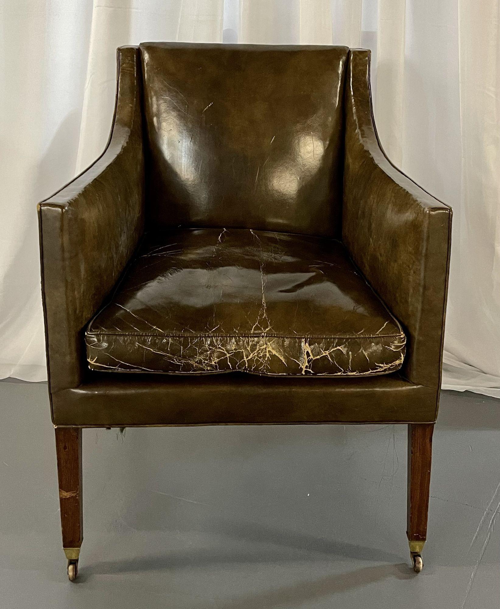 Pair of Patinated Regency Style Leather Upholstered Armchairs / Lounge, Bronze For Sale 3