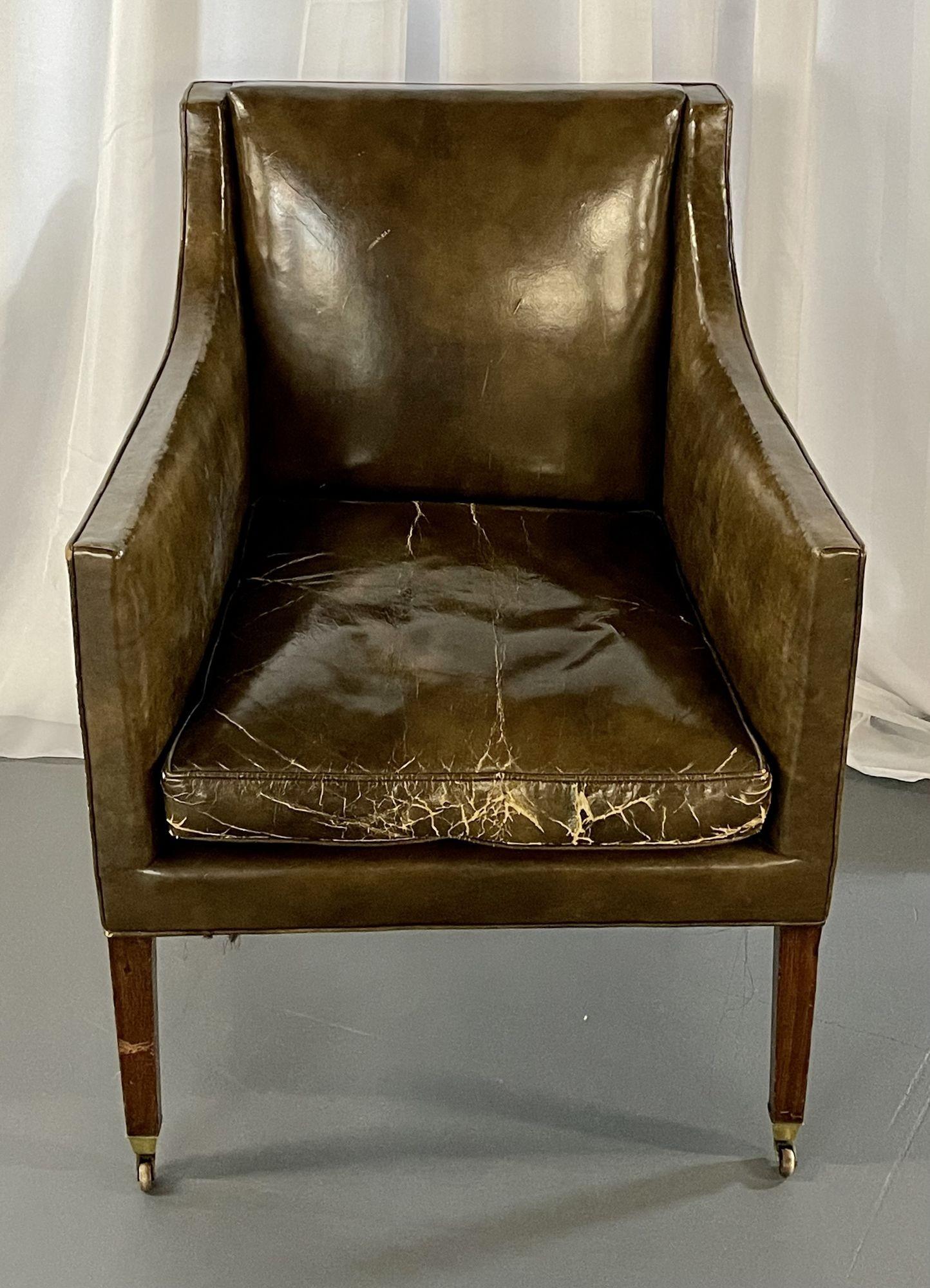 Pair of Patinated Regency Style Leather Upholstered Armchairs / Lounge, Bronze For Sale 4