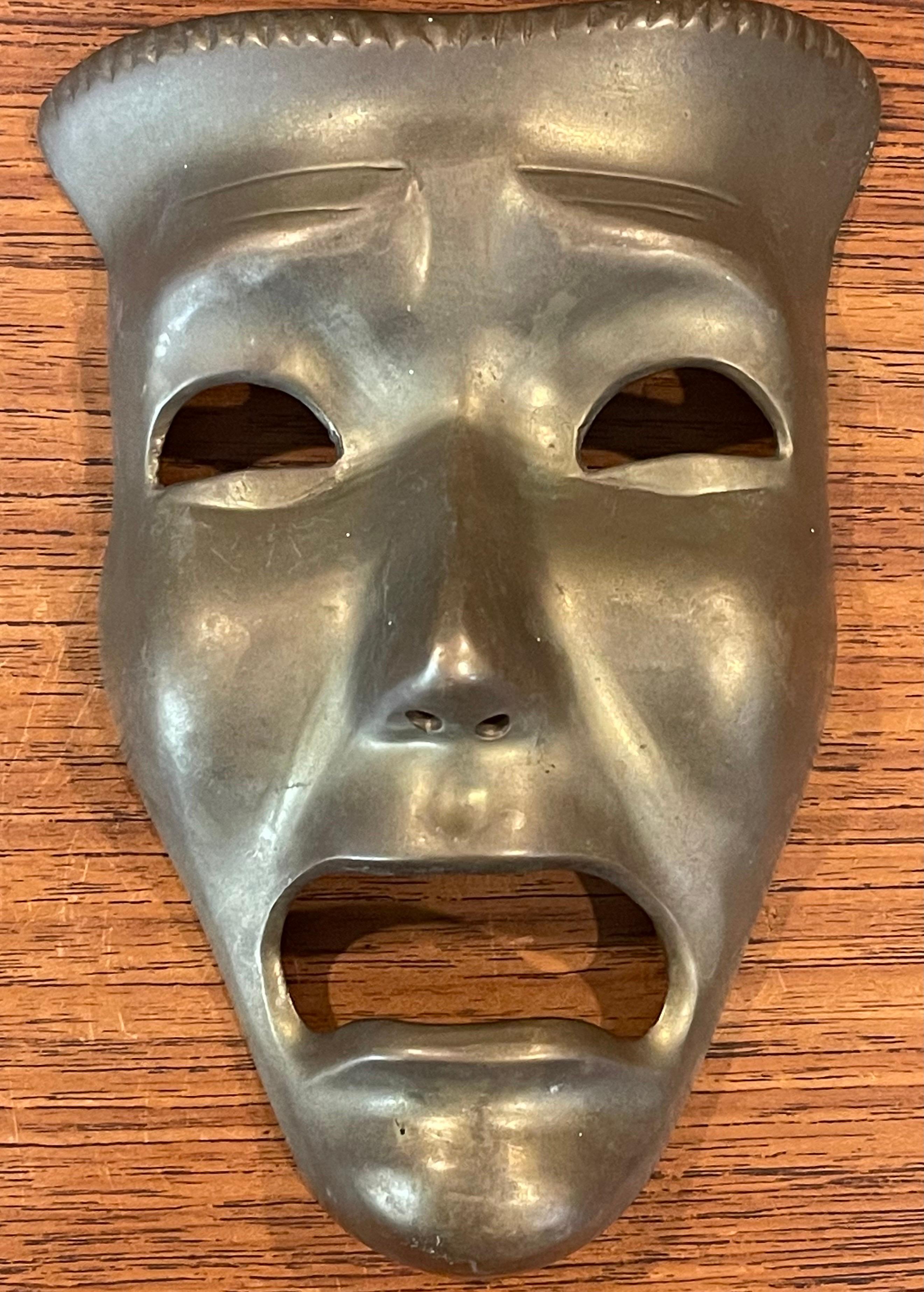 Hollywood Regency Pair of Patinated Solid Brass Theatre Face Masks - 