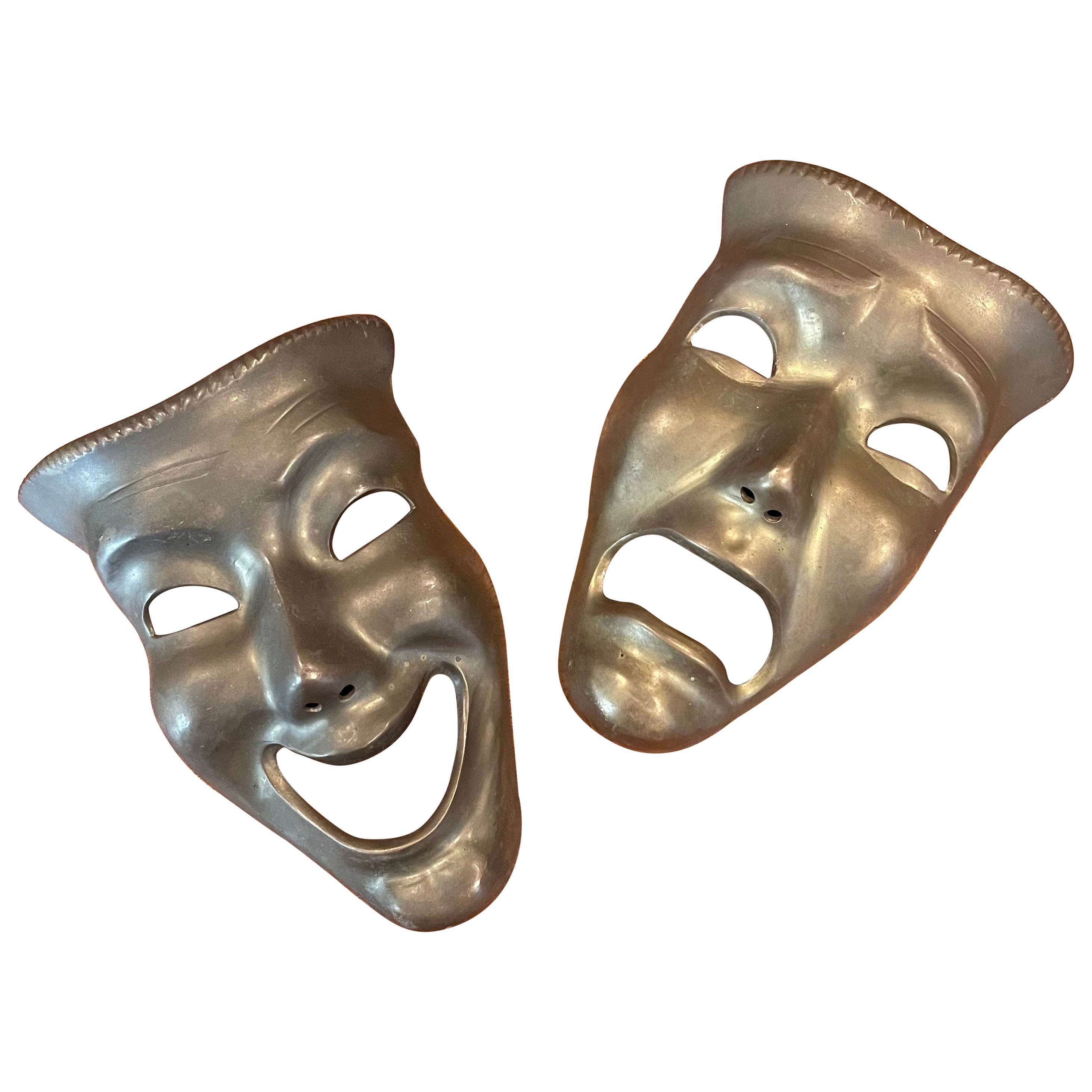 Pair of Patinated Solid Brass Theatre Face Masks - "Comedy & Tragedy"