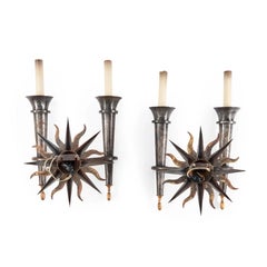 Pair Of Patinated Steel Gilbert Poillerat-Style Two-Light Sconces