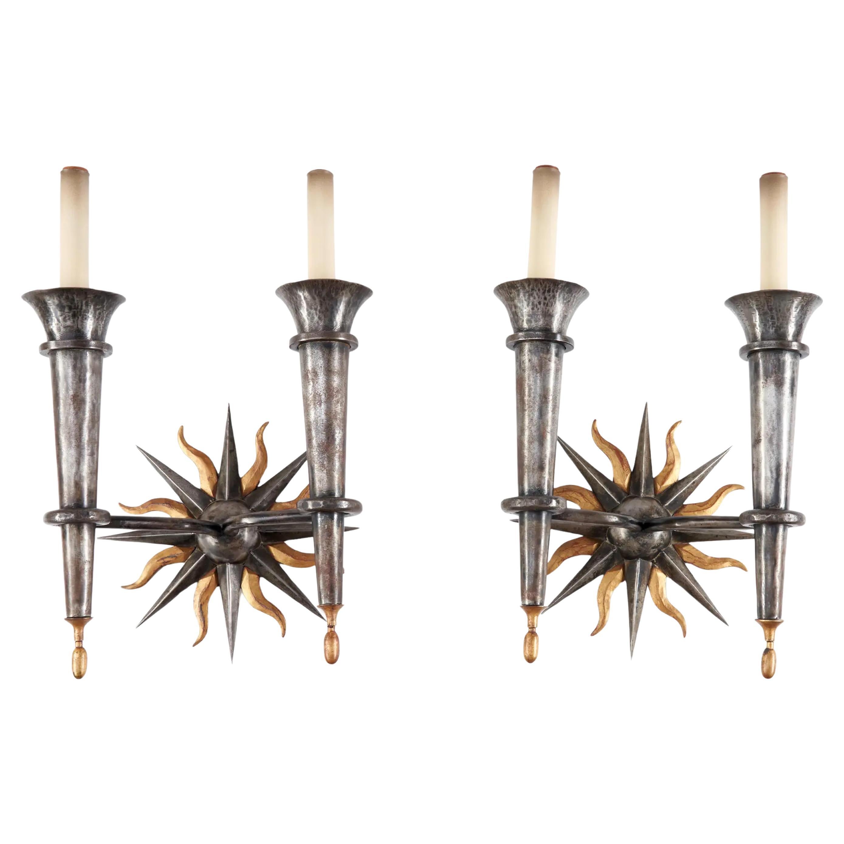 Pair Of Patinated Steel Gilbert Poillerat-Style Two-Light Sconces