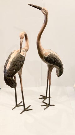 Pair of Patinated Tall Bronze Cranes Sculptures