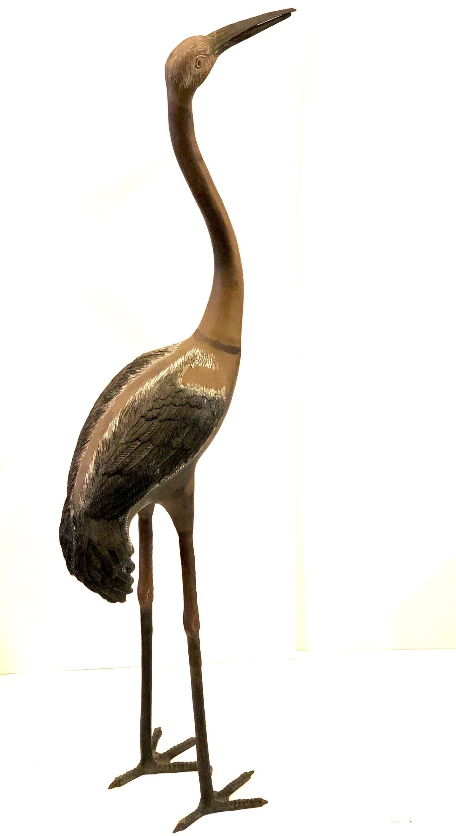 American Pair of Patinated Tall Bronze Cranes Sculptures