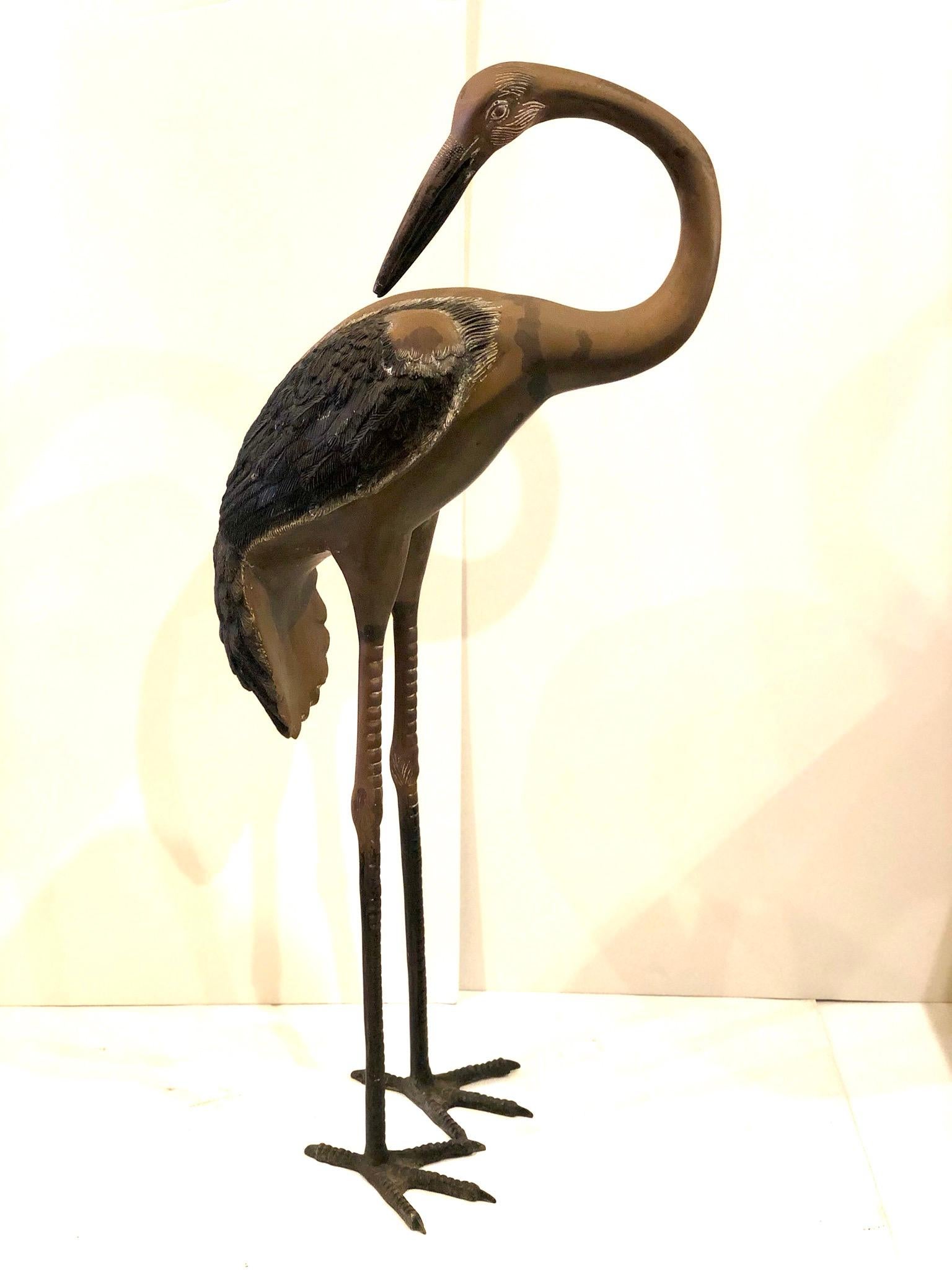 20th Century Pair of Patinated Tall Bronze Cranes Sculptures