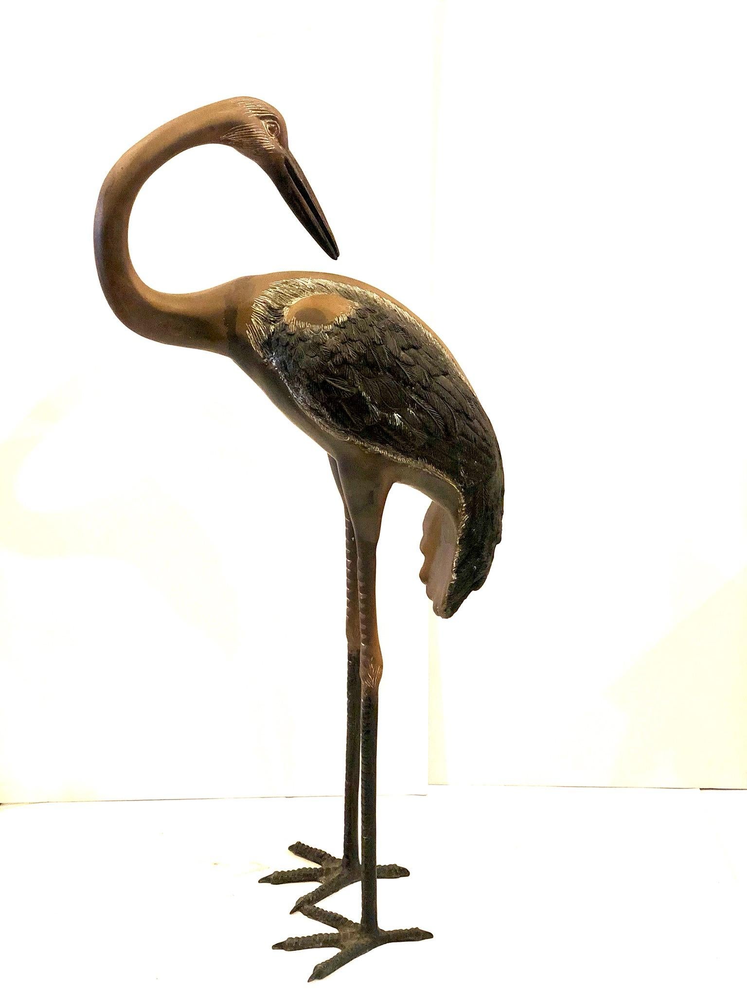 Pair of Patinated Tall Bronze Cranes Sculptures 2