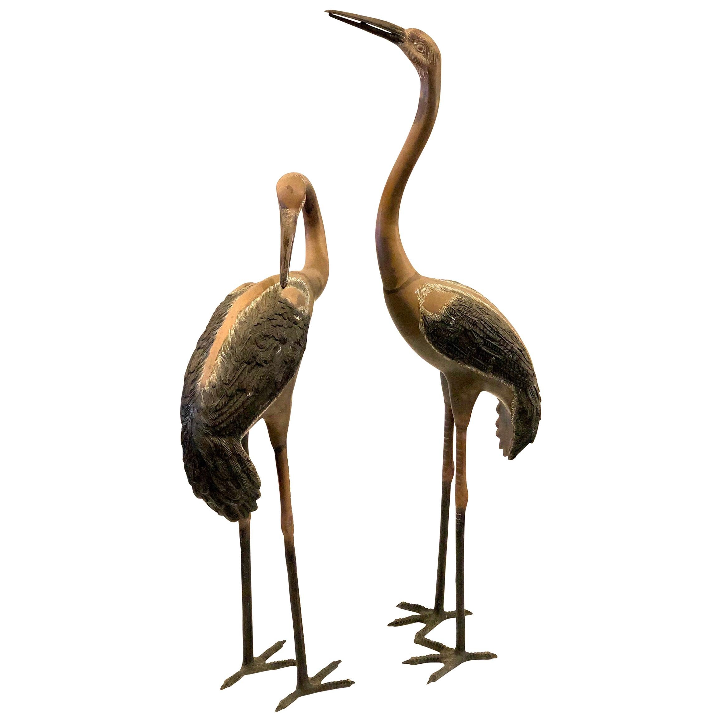 Pair of Patinated Tall Bronze Cranes Sculptures