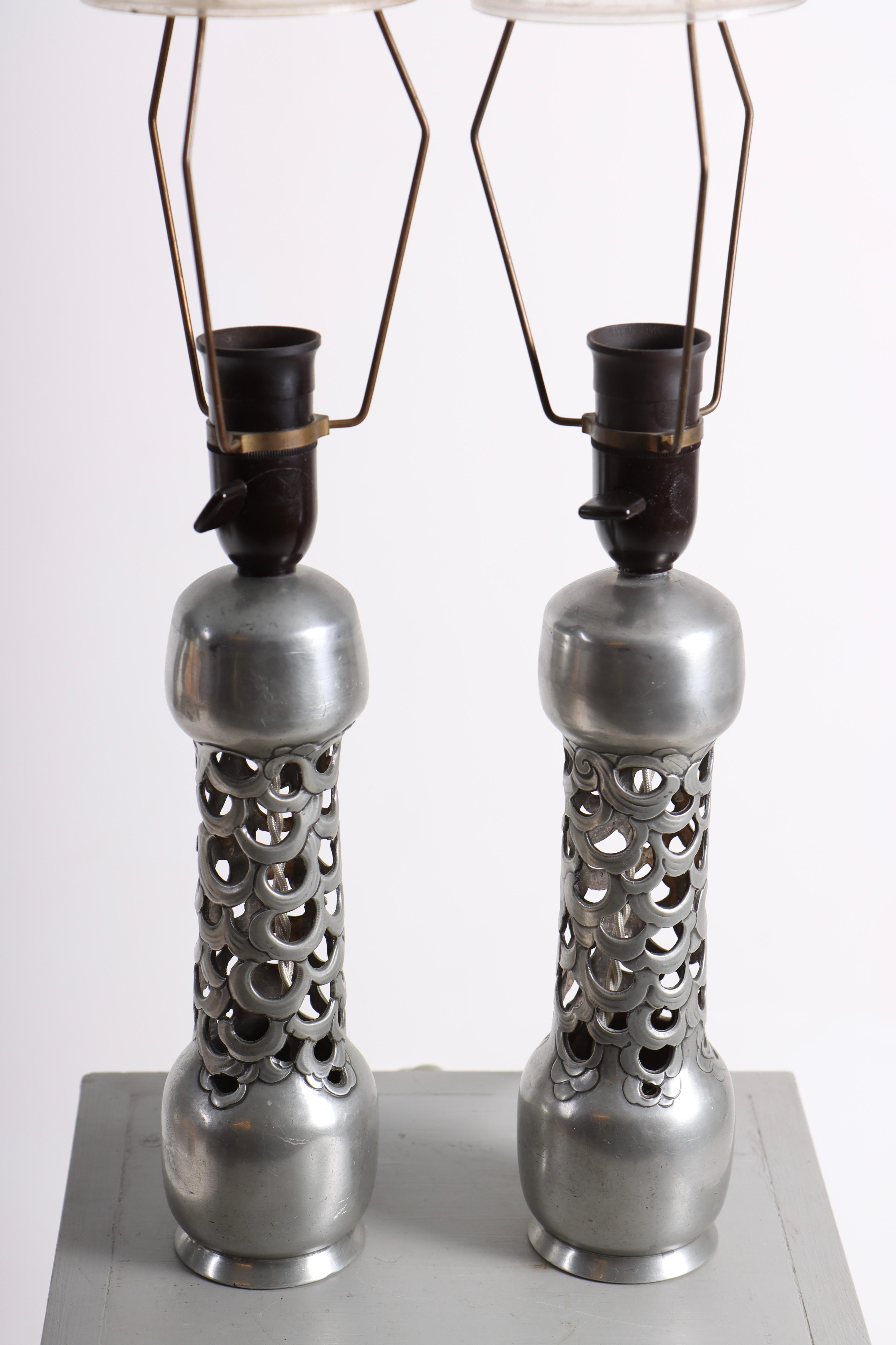 Danish Pair of Patinated Tin Table Lamps by Mogens Ballin, 1930s