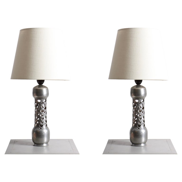 Pair of Patinated Tin Table Lamps by Mogens Ballin, 1930s For Sale at