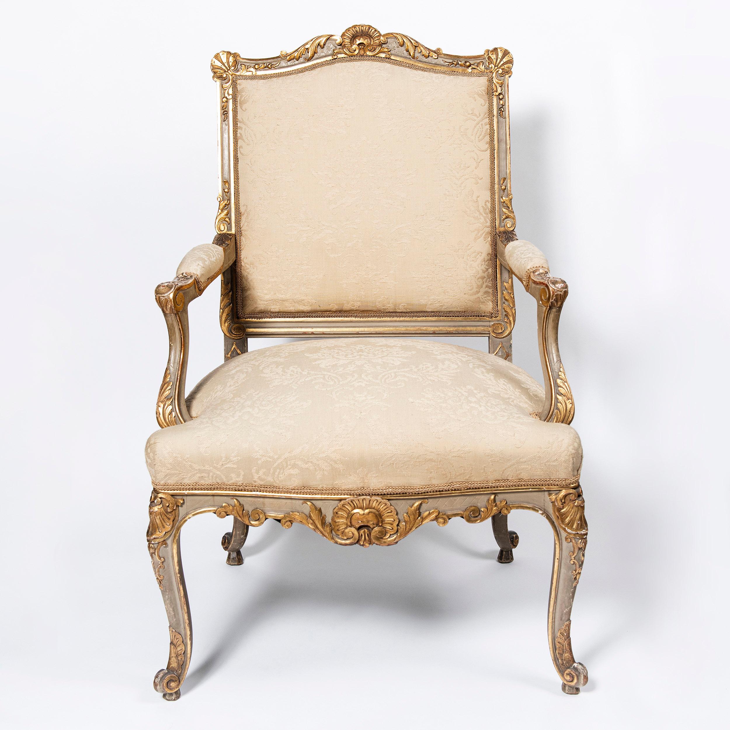 Pair of patinated wood and gold leaf armchairs by Maison Forest, France, late 19th century.