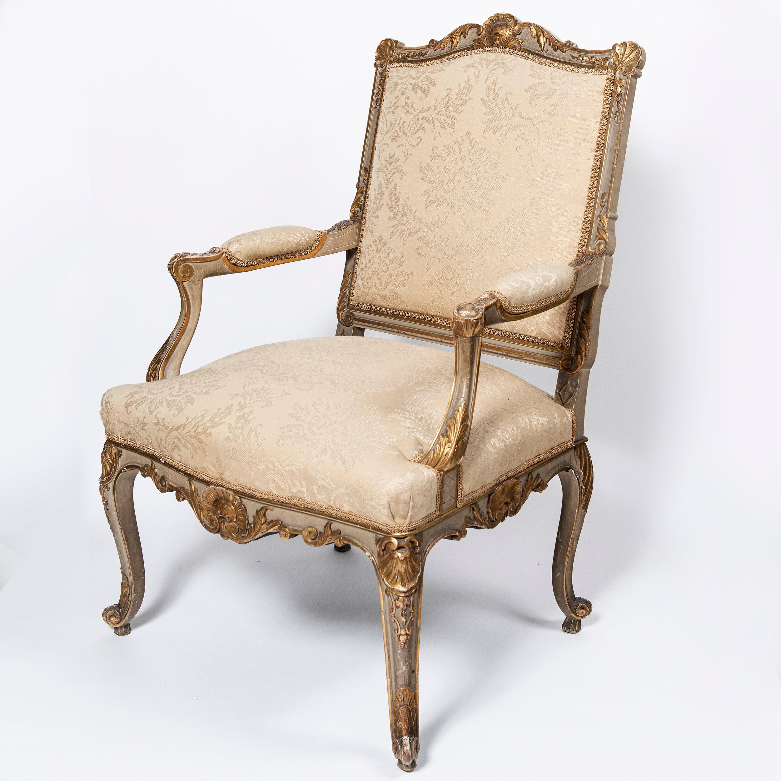 Neoclassical Pair of Patinated Wood and Gold Leaf Armchairs by Maison Forest, France For Sale