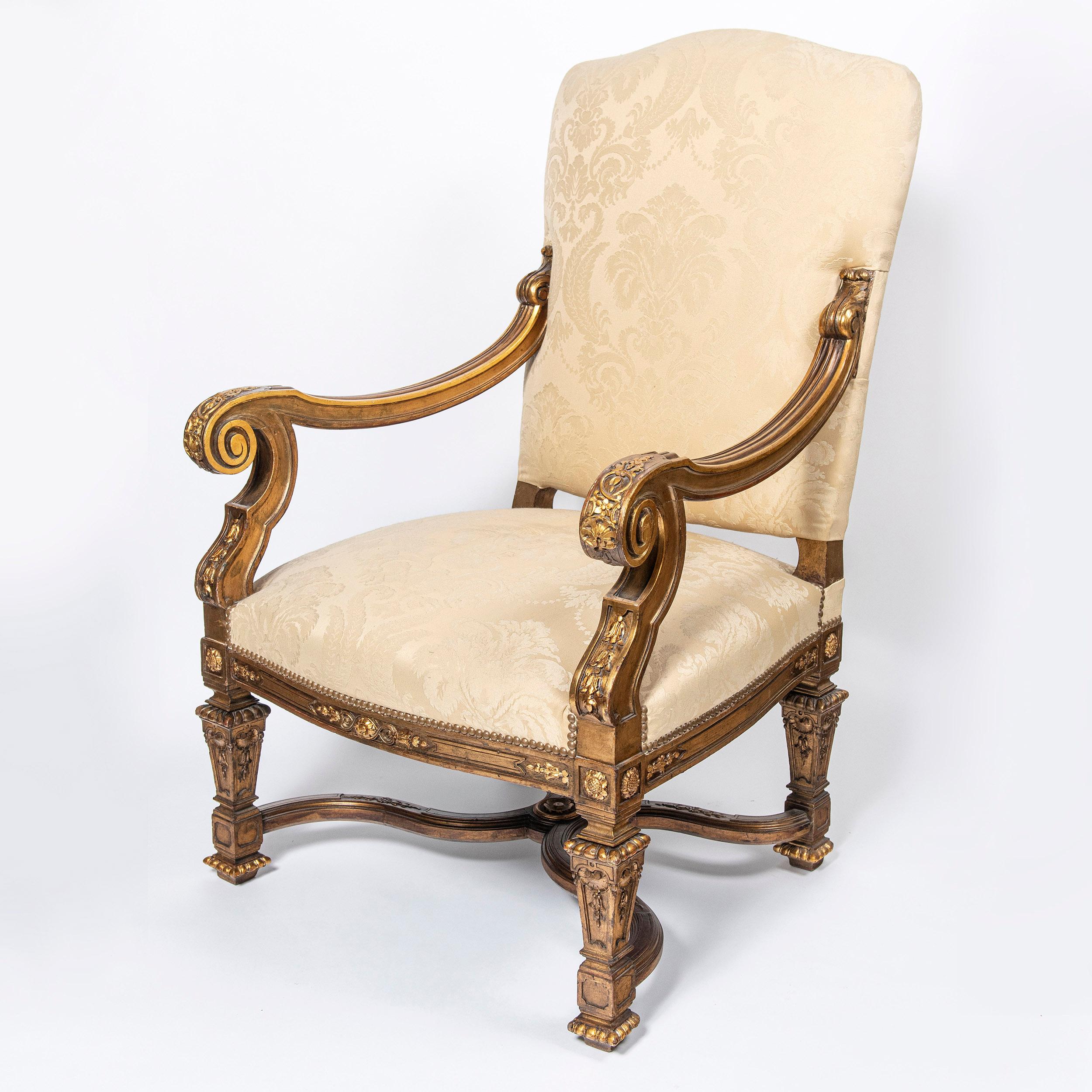 Louis XIV Pair of Wood and Gold Leaf Armchairs by Maison Forest, France For Sale
