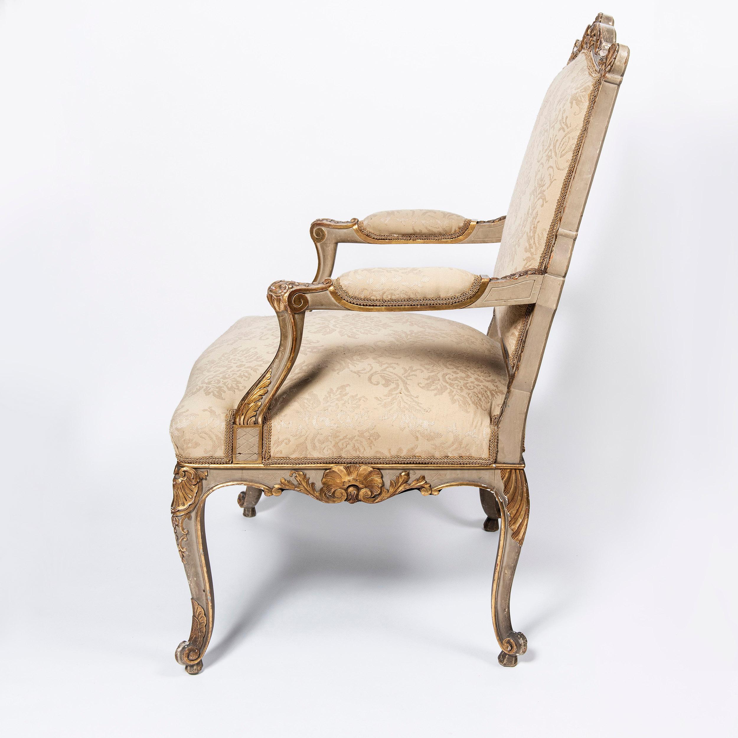 French Pair of Patinated Wood and Gold Leaf Armchairs by Maison Forest, France For Sale