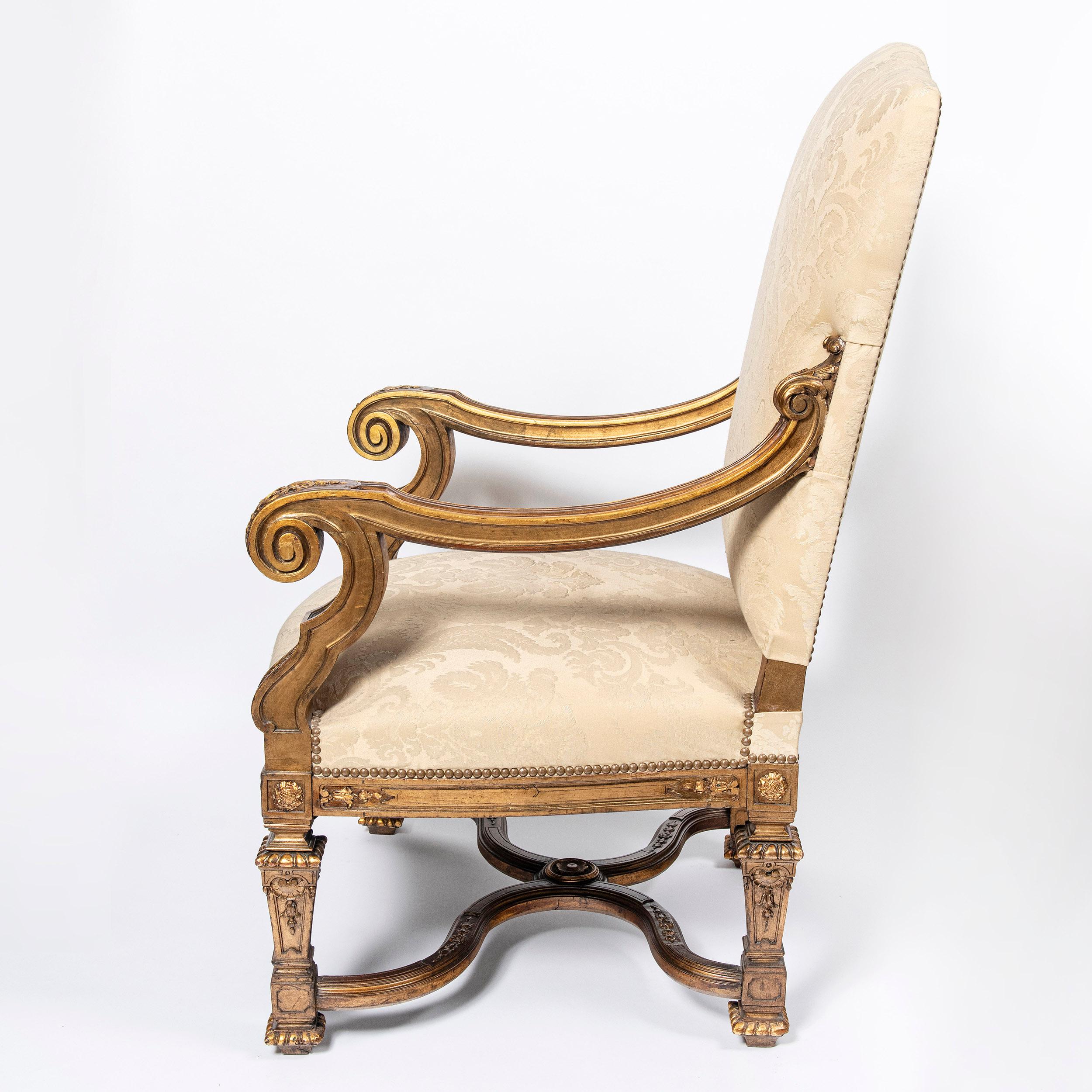 French Pair of Wood and Gold Leaf Armchairs by Maison Forest, France For Sale