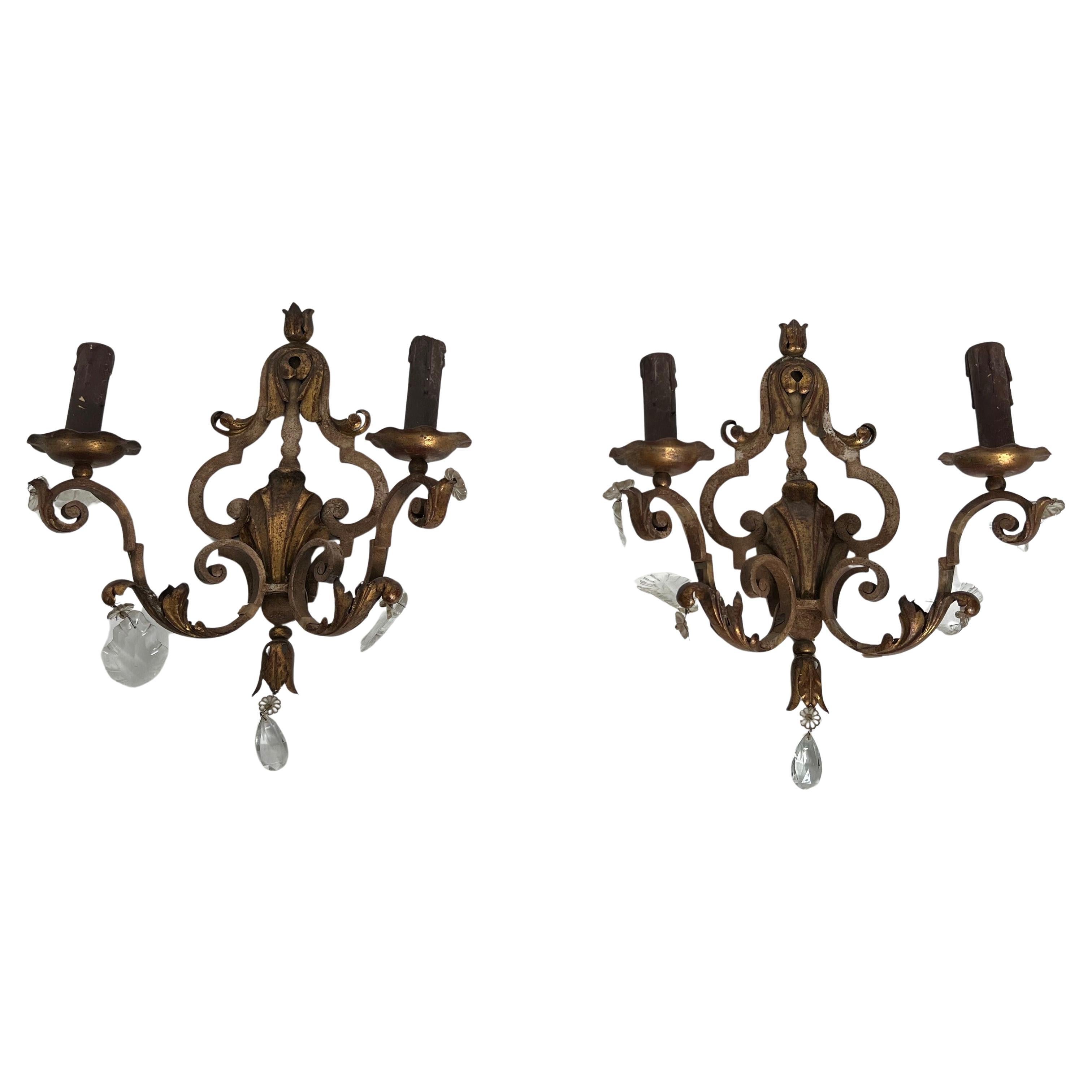 Pair of Patinated Wrought Iron Wall Sconces with Gilded Acanthus Leaves and Crys For Sale