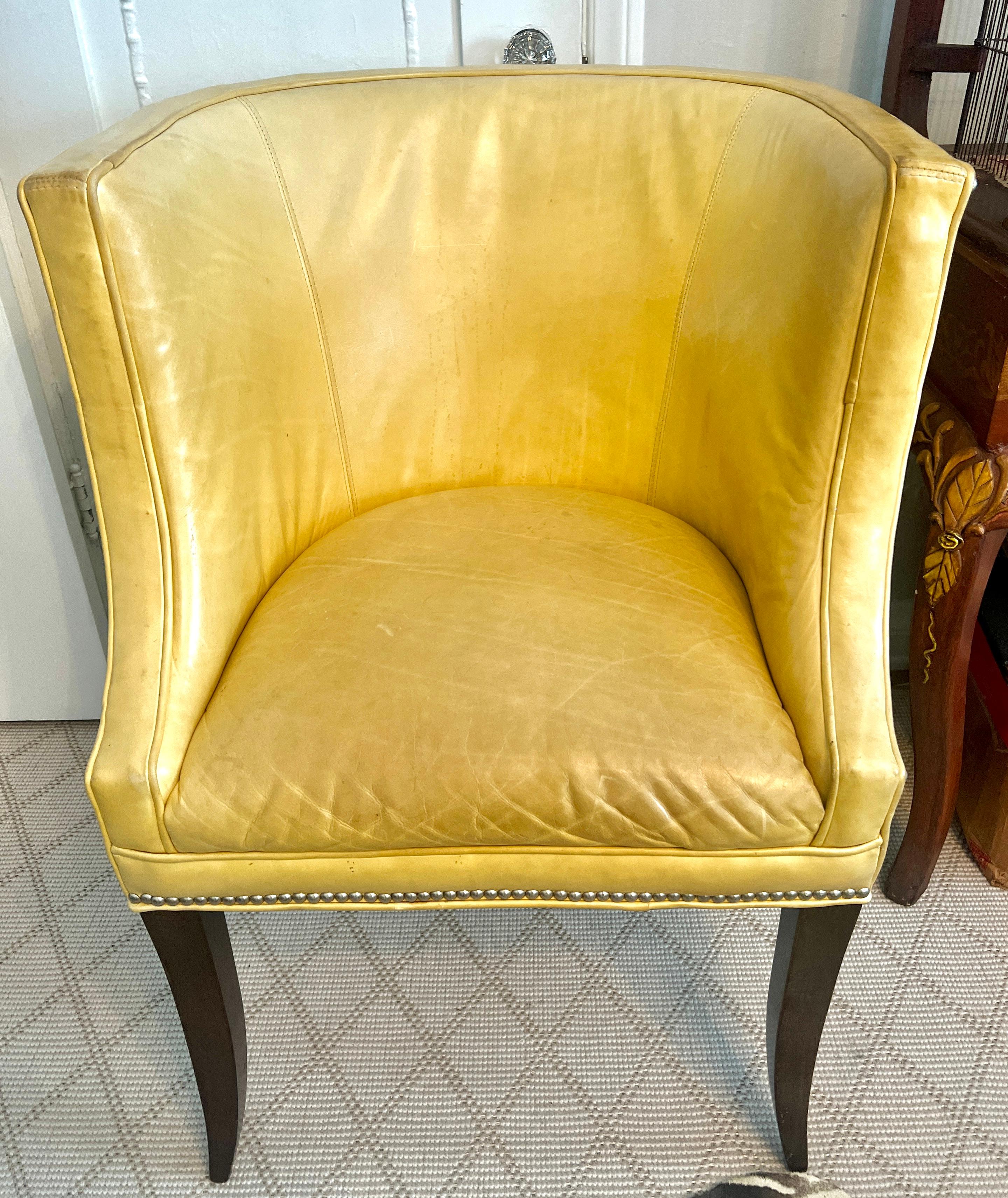 Pair of Patinated Yellow Leather Club Barrel Style Chairs with Nailheads For Sale 1