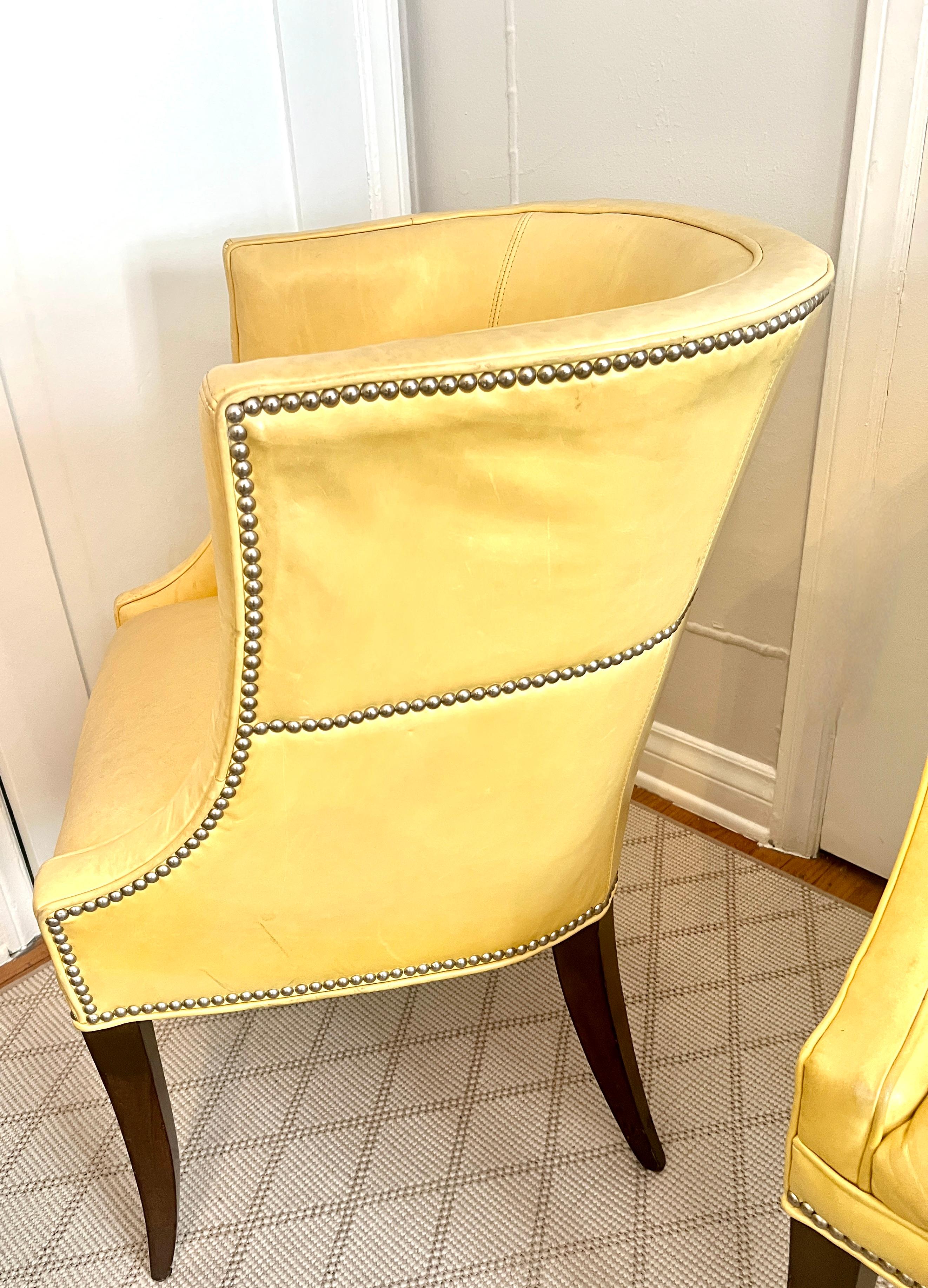Pair of Patinated Yellow Leather Club Barrel Style Chairs with Nailheads For Sale 2