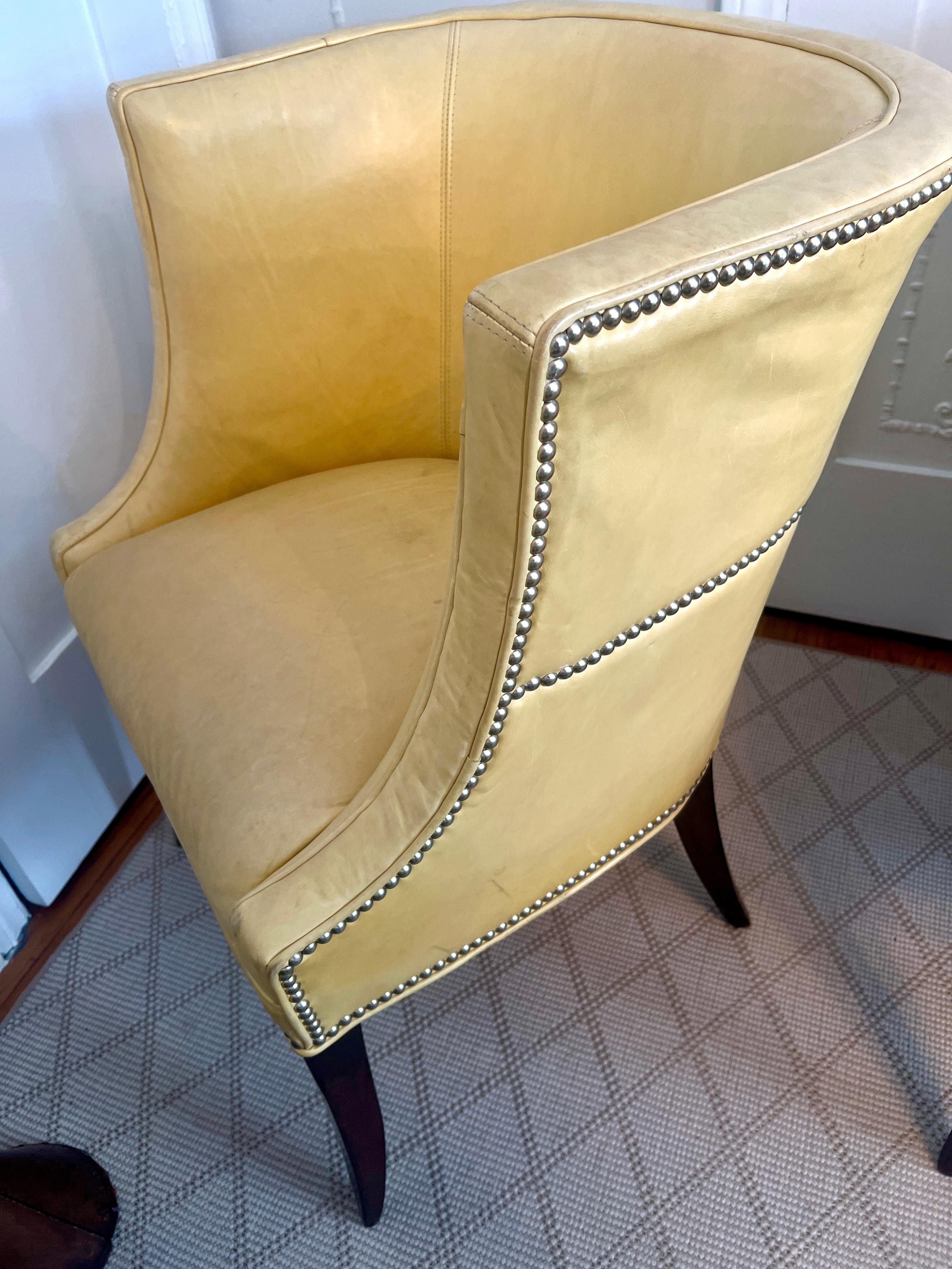Pair of Patinated Yellow Leather Club Barrel Style Chairs with Nailheads For Sale 3