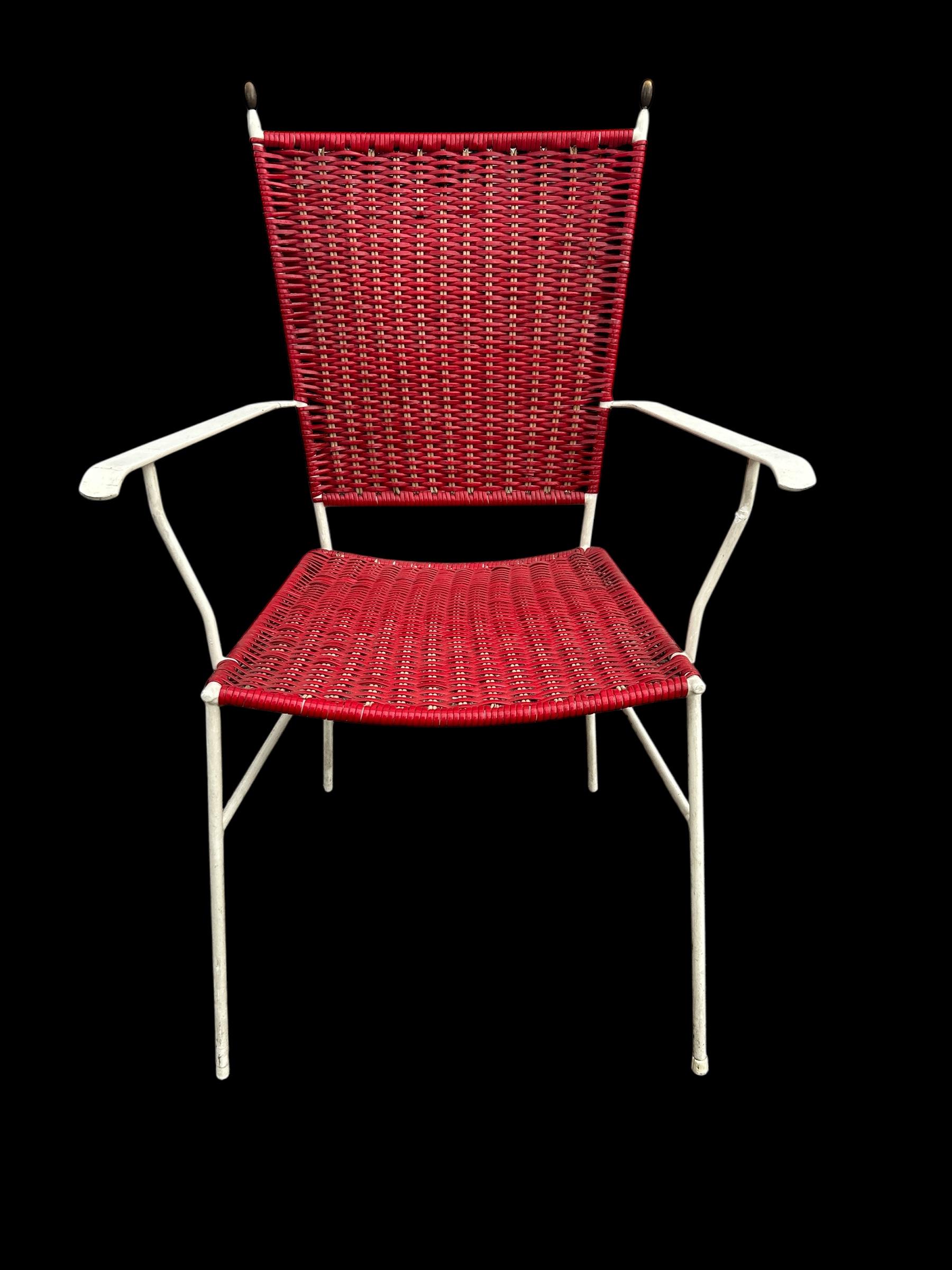 Charming pair of vintage garden armchairs from the 1950s. Lacquered metal frame with simple, light lines, and woven plastic seat and backrest typical of the period. Their sleek, colorful design embodies the cheerful and functional spirit of fifties