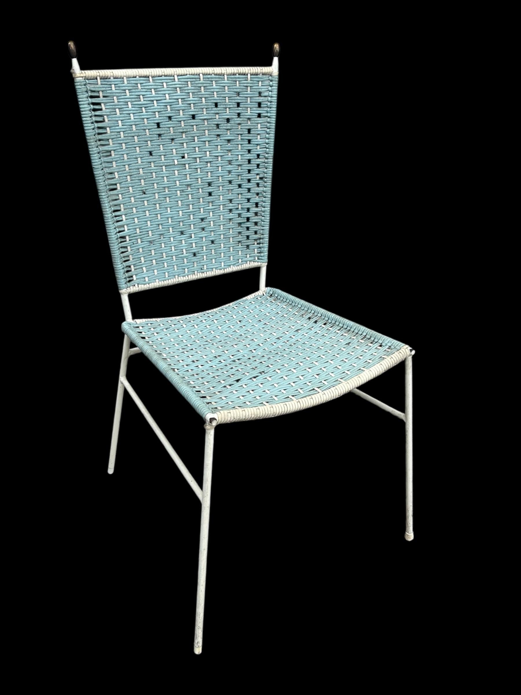 Charming pair of vintage garden chairs from the 1950s. Lacquered metal frame with simple, light lines, and woven plastic seat and backrest typical of the period. Their sleek, colorful design embodies the cheerful and functional spirit of fifties