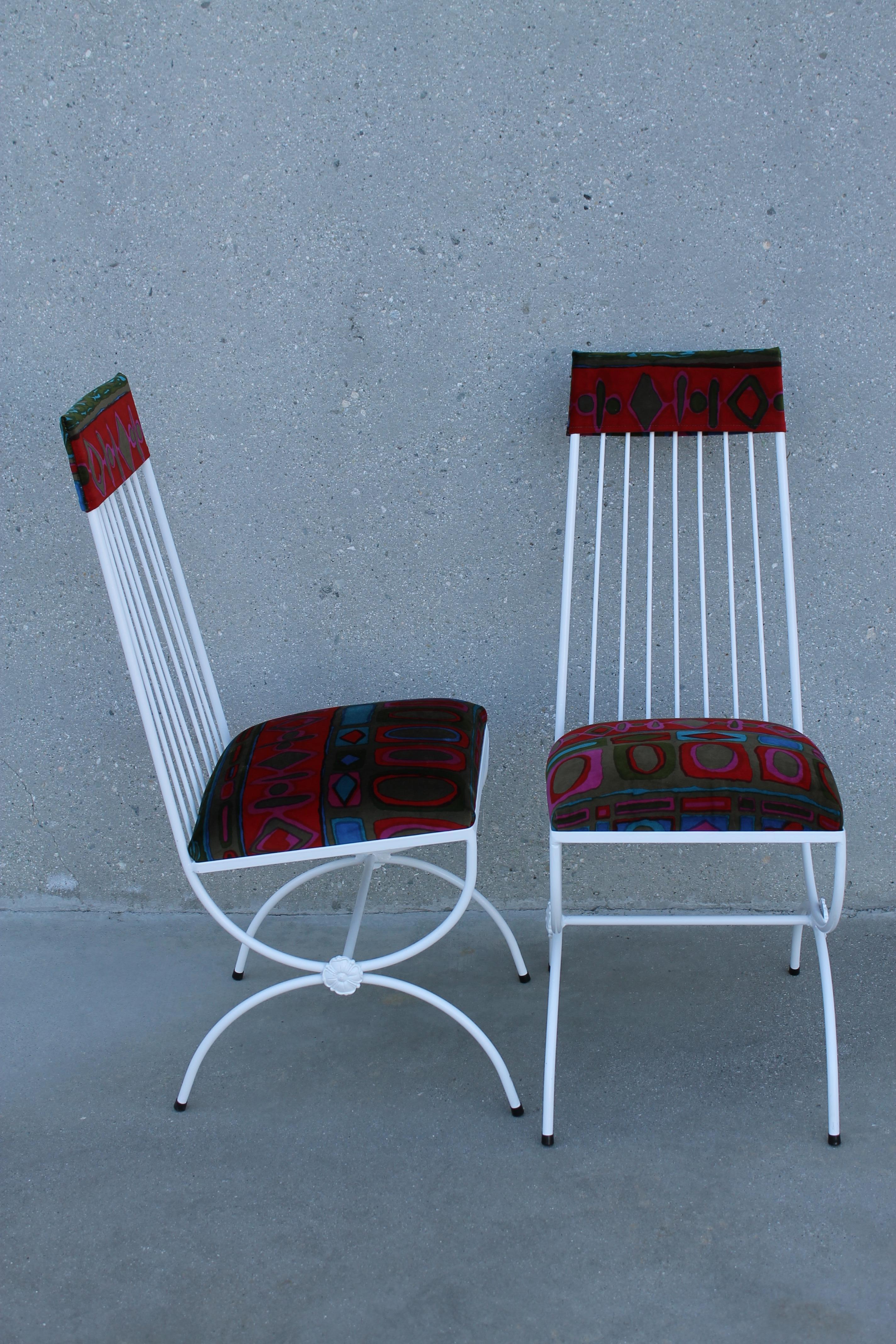 Pair of accent indoor patio chairs. Fabric is Anita Askild and Larsen Design, 1962 for Jack Lenor Larsen. We had the chairs professionally powder coated a satin white with new cushions of Larsen fabric. Each chair measures 14