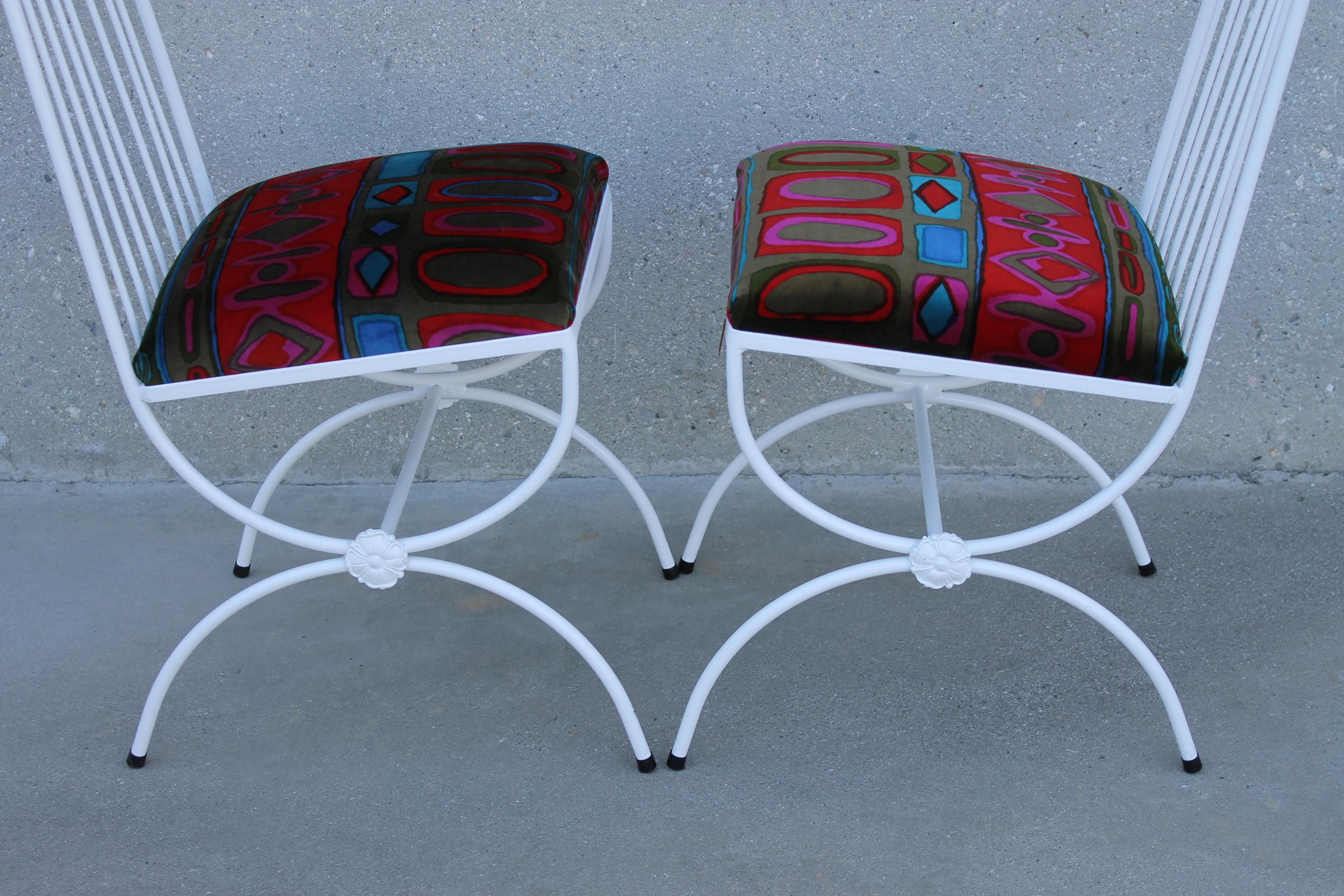 Steel Pair of Patio Chairs with Jack Lenor Larsen Fabric For Sale