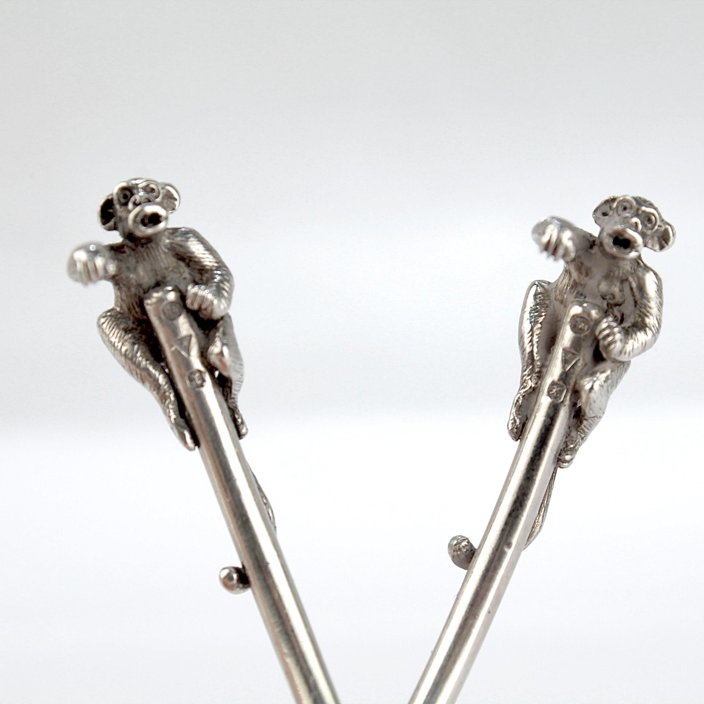 Pair of Patrick Mavros Elephant & Monkey Sterling Silver Mustard Pots & Spoons For Sale 4
