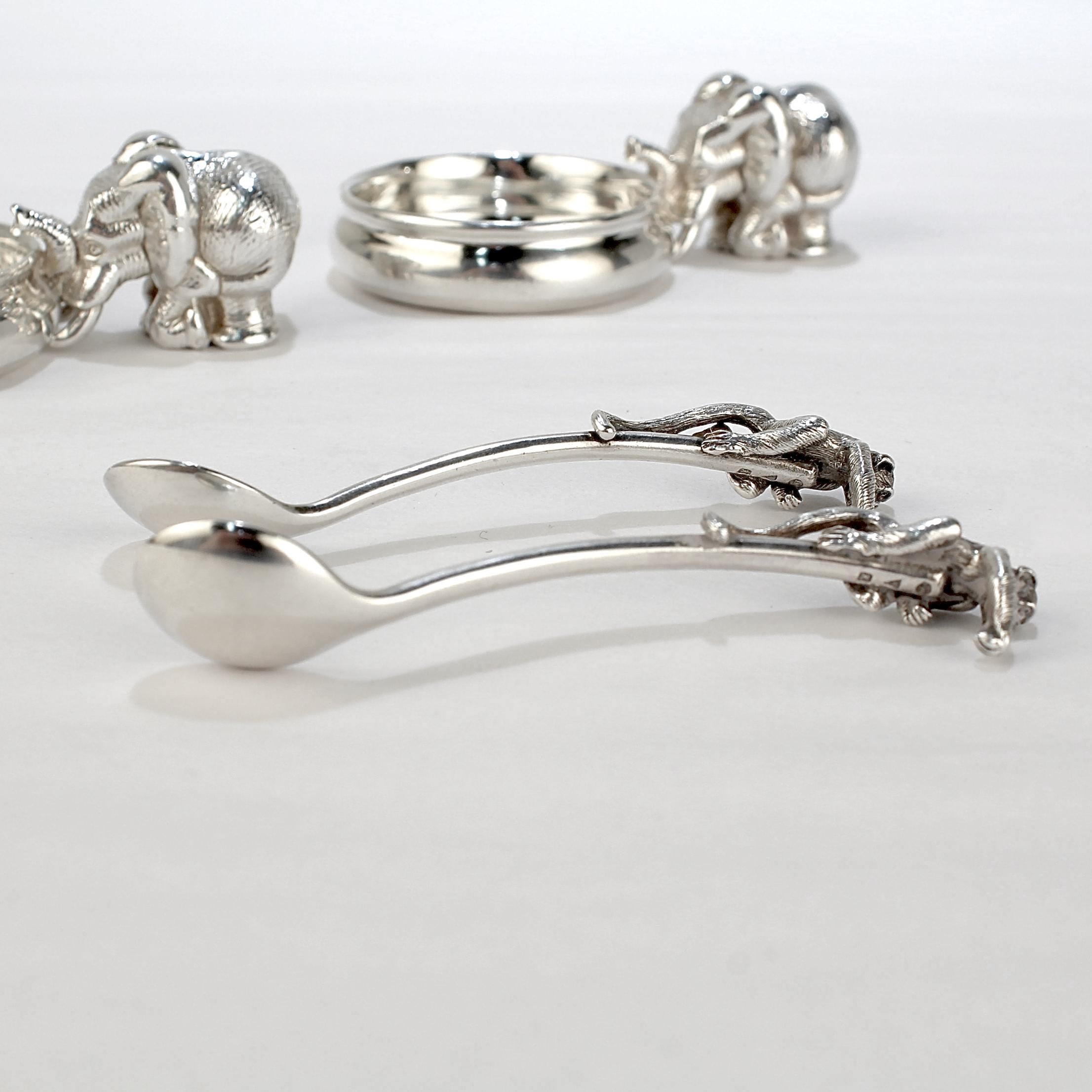 Pair of Patrick Mavros Elephant & Monkey Sterling Silver Mustard Pots & Spoons For Sale 5
