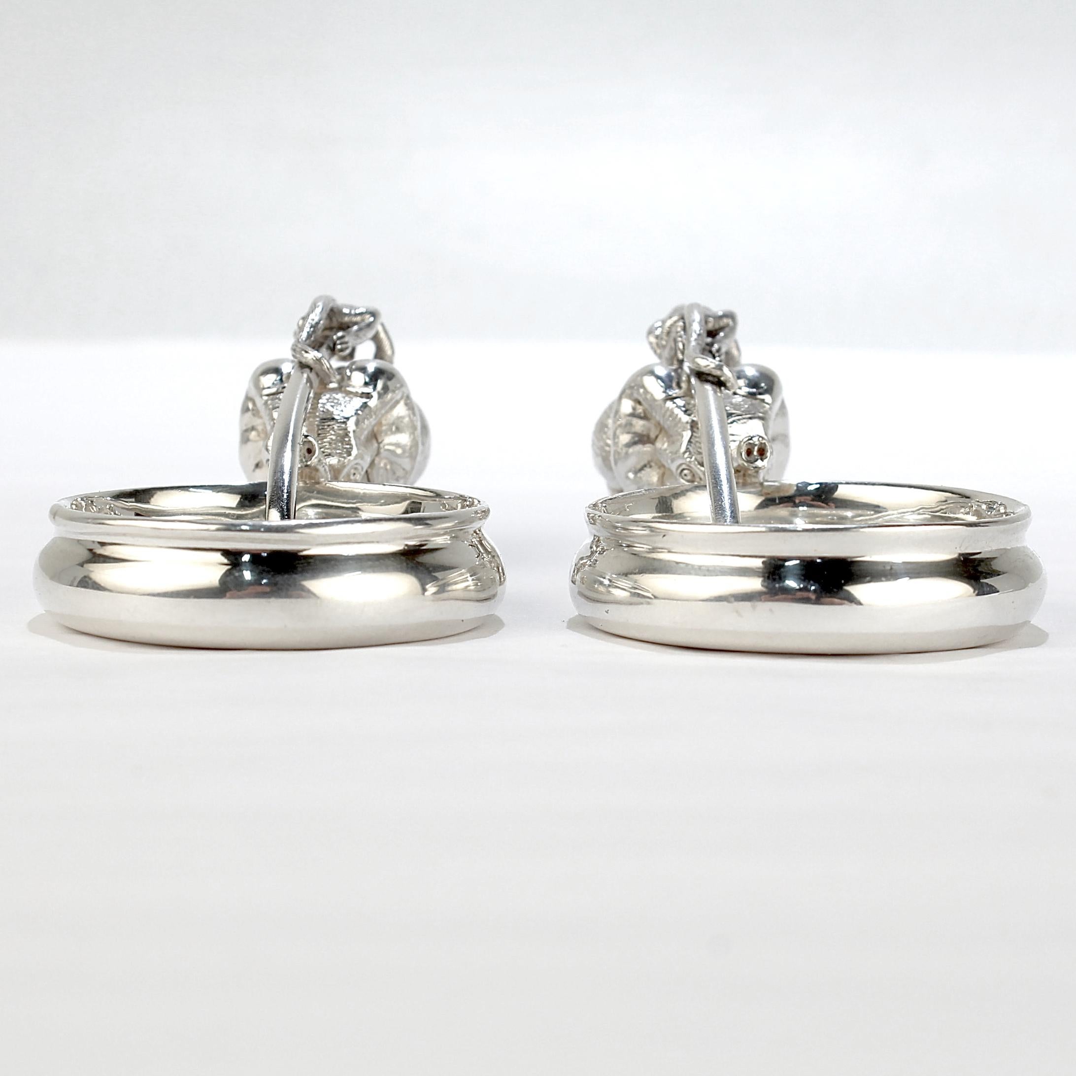 Pair of Patrick Mavros Elephant & Monkey Sterling Silver Mustard Pots & Spoons For Sale 1