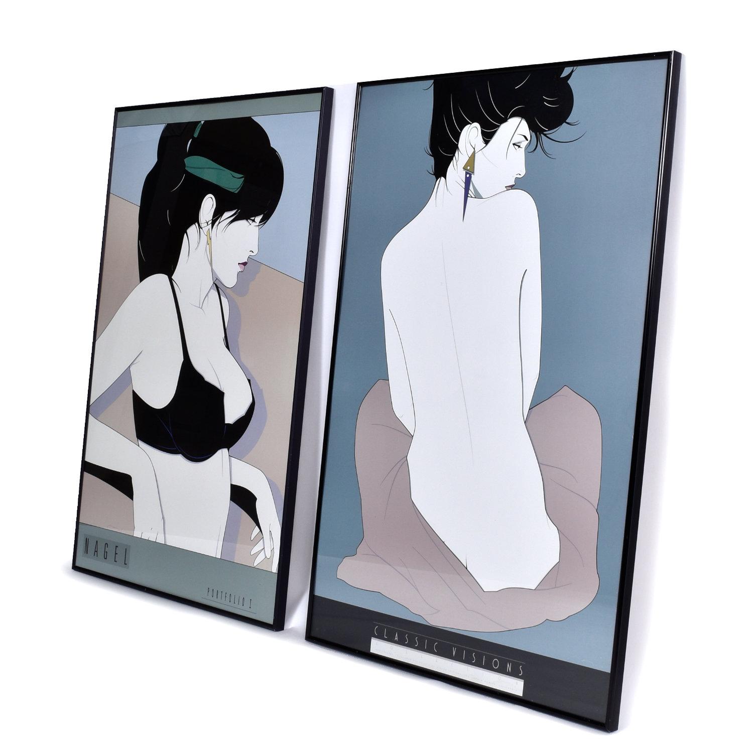 Stunning pair of vintage 1980s Patrick Nagel prints. These two images work perfectly as a duo! The first image is “Portfolio 1” – a young woman wearing a bralette and headband. The second image is “Classic Visions” featuring a woman with her back