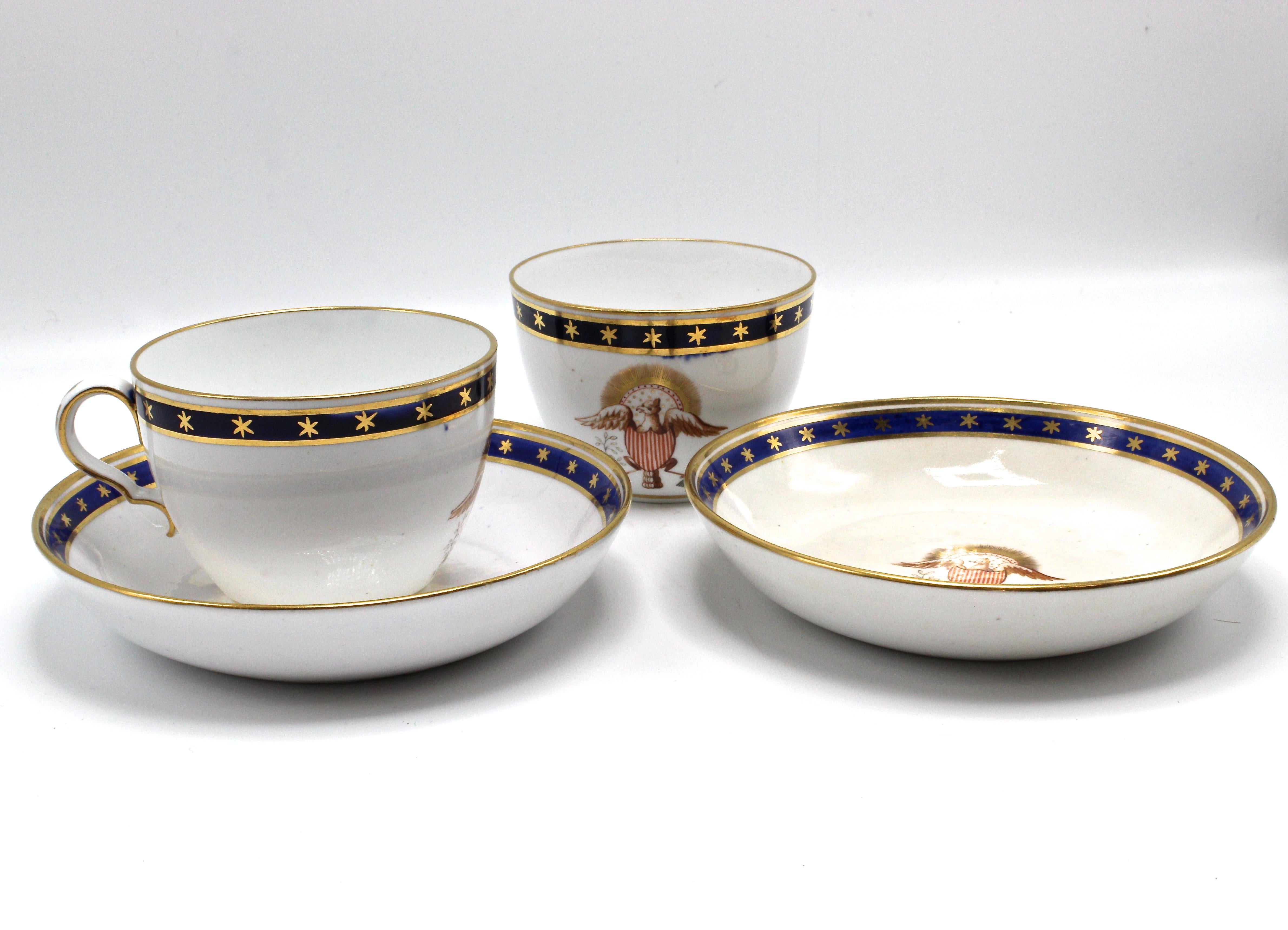 Pair of Patriotic American Eagle Teacups and Saucers, Circa 1840s In Good Condition In Colorado Springs, CO
