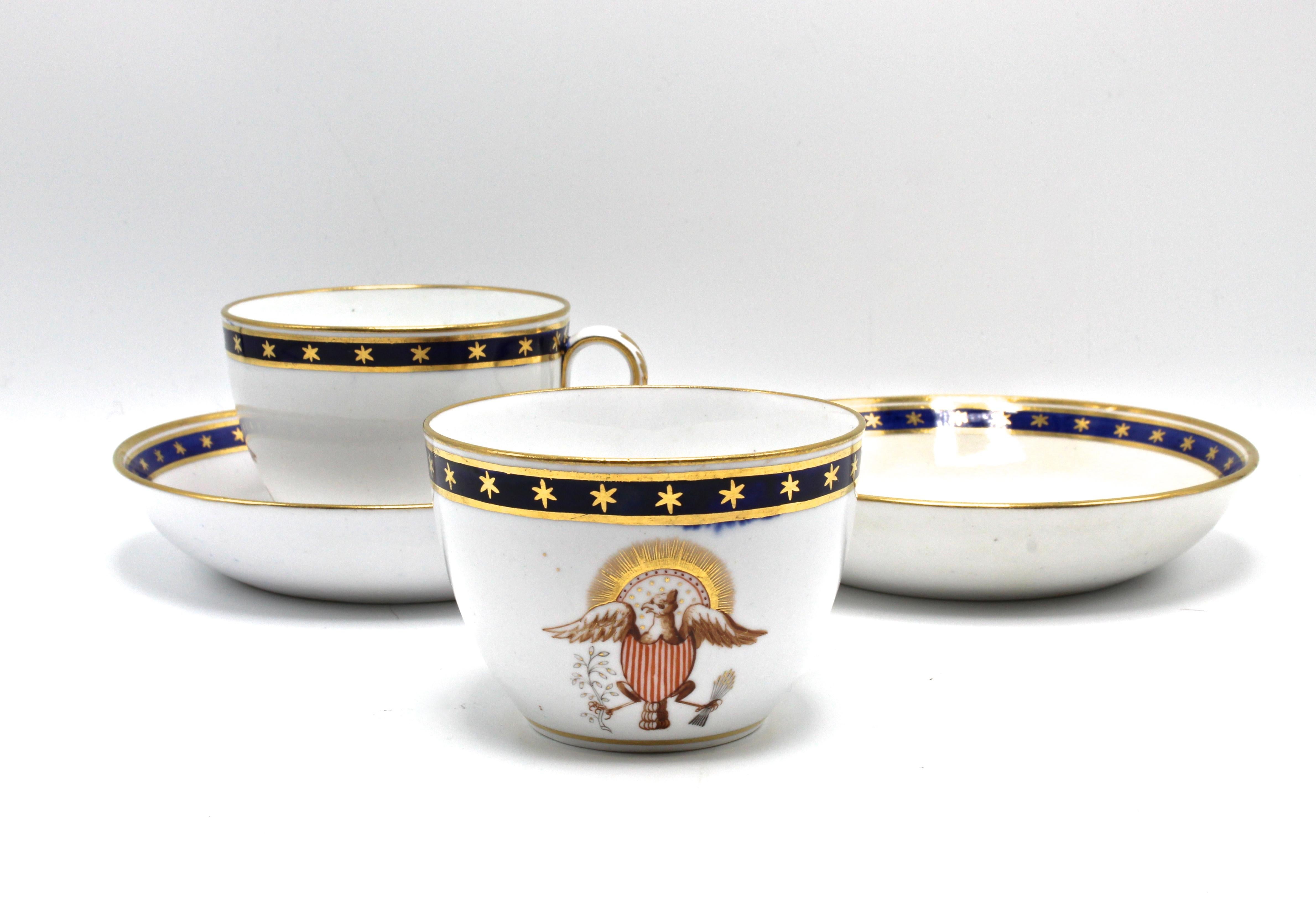 Porcelain Pair of Patriotic American Eagle Teacups and Saucers, Circa 1840s